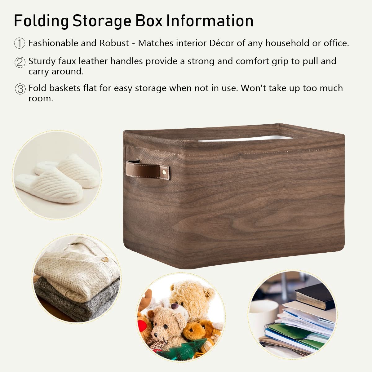 Collapsible Waterproof Canvas Storage Basket with Handles - Wood Pattern Rectangle Storage Bin for Nursery, Toys, Books | Perfect for Closet, Shelves, Bedroom & Living Room Organization - 1 Pack