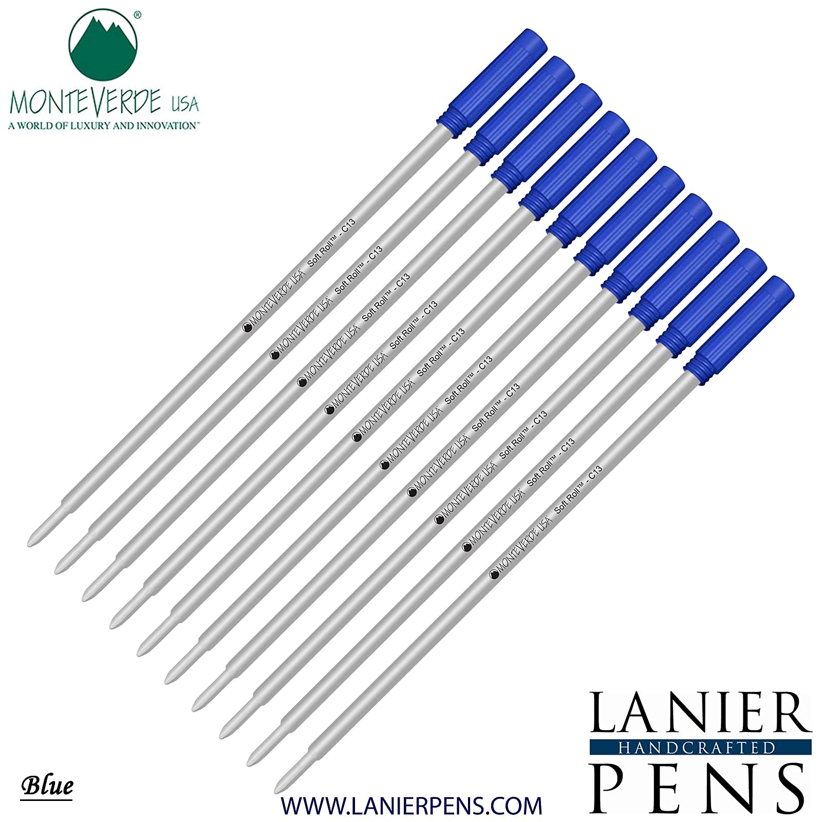 Monteverde Soft Roll Ballpoint Pen Refills - 10 Pack C13 Paste Ink Refills Compatible with Cross Style Pens - Medium Tip 0.7mm Blue Ink - Perfect for Office, School & Everyday Writing Needs