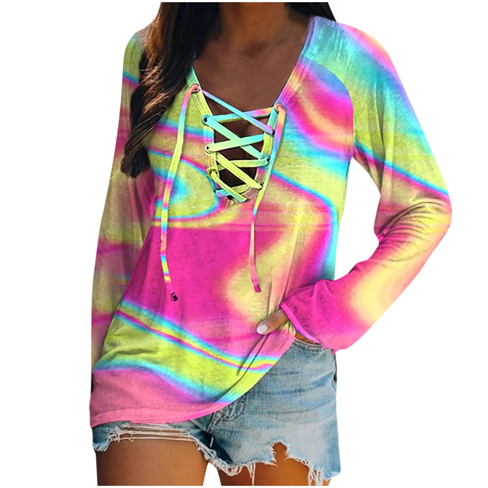 Women's Fashion Tie-Dye V-Neck Lace-Up Blouse - Casual Long Sleeve Loose Pullover Top for Spring & Fall - Perfect for Work, Date Night & Weekend Outings