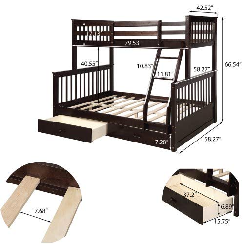 Twin Over Full Bunk Bed with Removable Ladder & 2 Storage Drawers - Solid Wood Loft Bed for Kids & Teens (Espresso) - Perfect for Small Bedrooms, Guest Rooms & Vacation Homes