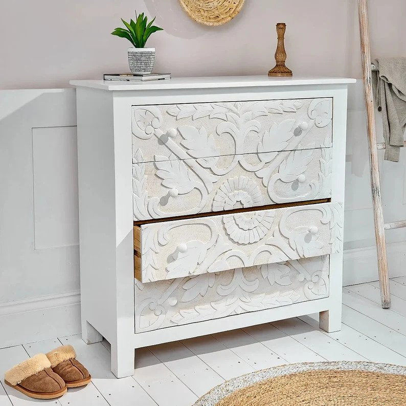 Hand Carved 4-Drawer Hardwood Dresser - Elegant Wooden Chest for Bedroom Storage | Perfect for Master Bedroom, Guest Room & Nursery Organization