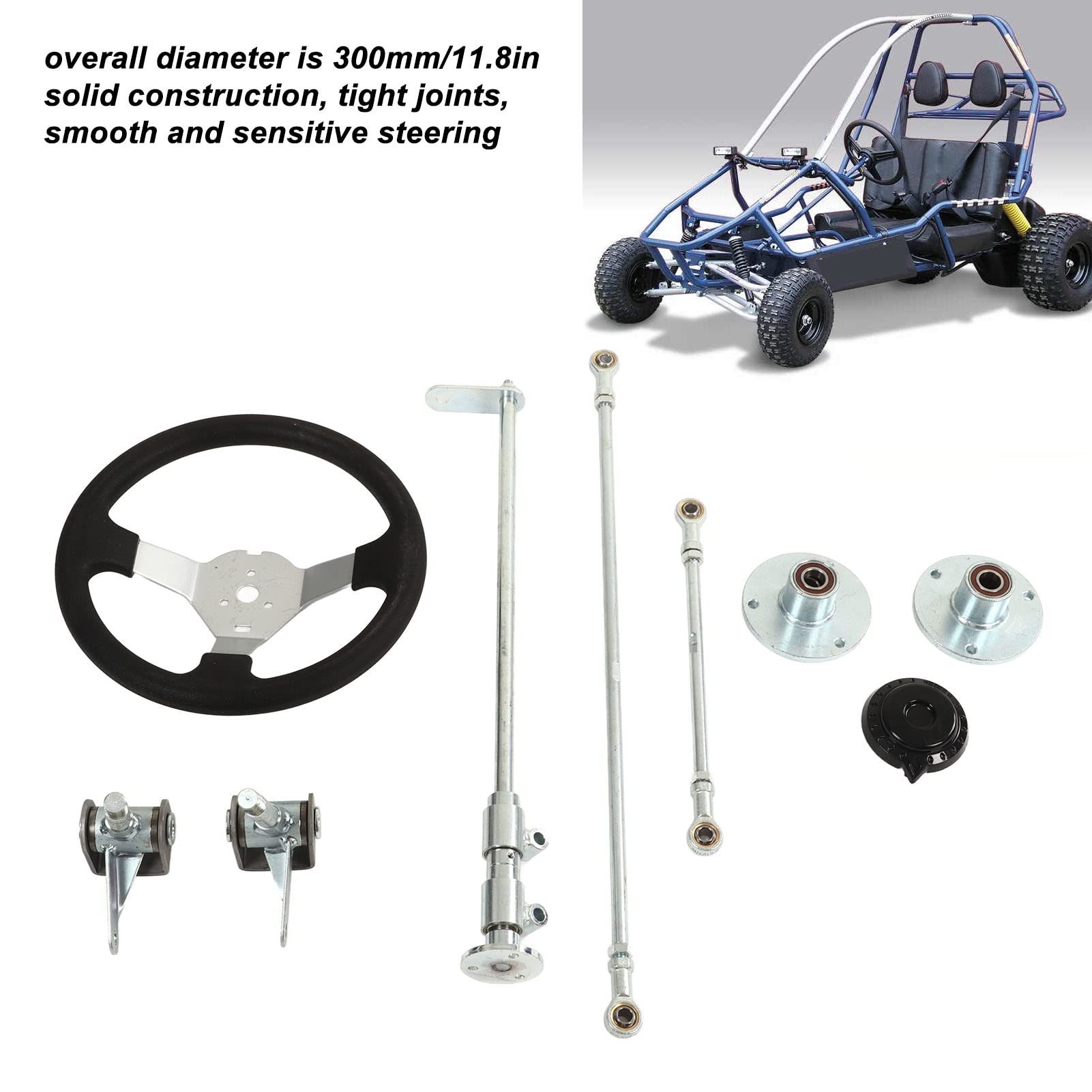 300mm Kart Steering Wheel Kit with Tie Bar Mount & Rod Ball Joint Rack Shaft - Universal Go Kart Racing Accessories for DIY Karting, Quad Bikes & Off-Road Vehicles