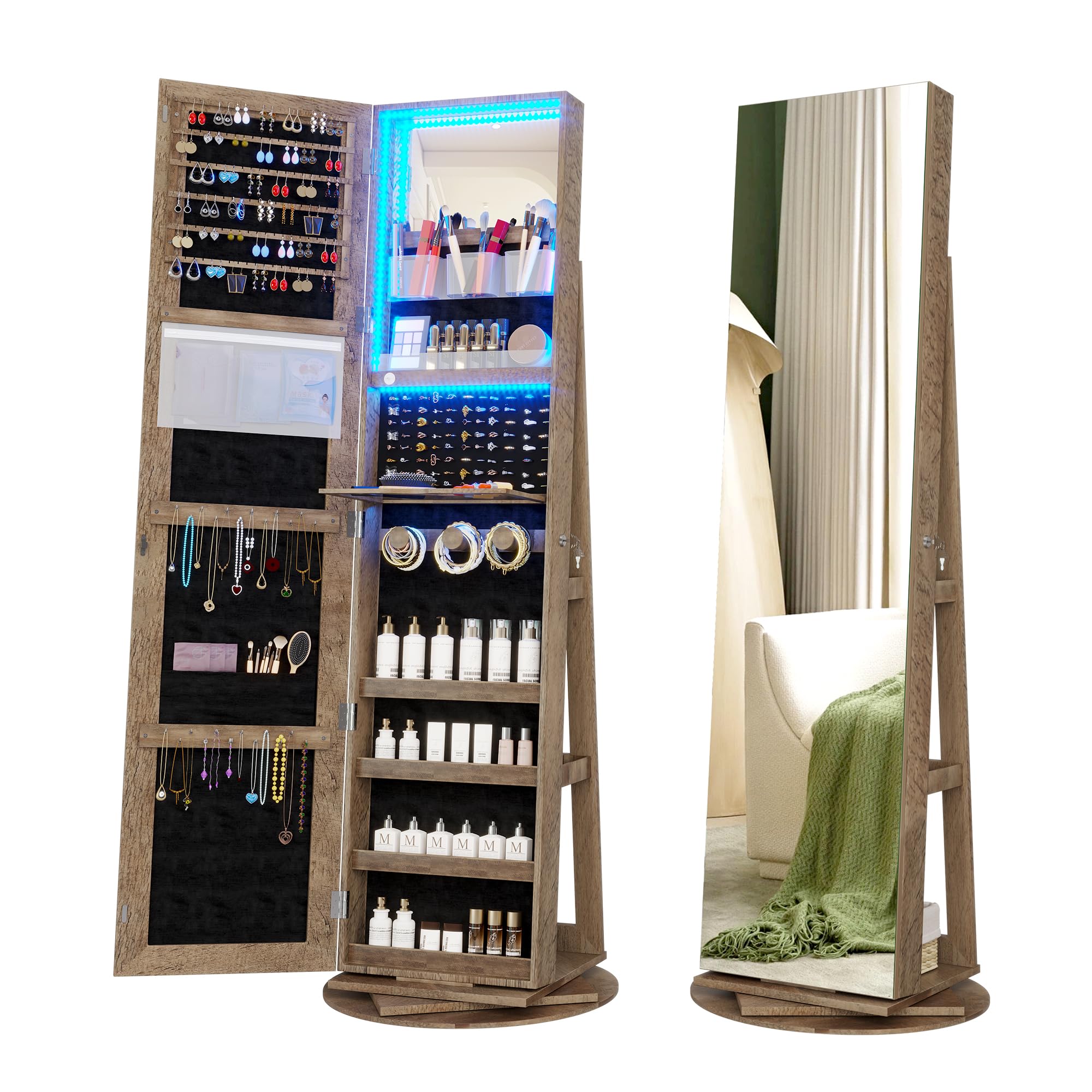 360° Swivel LED Light Jewelry Cabinet with Full-Length Mirror - Large Lockable Standing Jewelry Organizer Armoire with Makeup Storage & Foldable Design | Perfect for Bedroom, Dressing Room & Vanity Organization