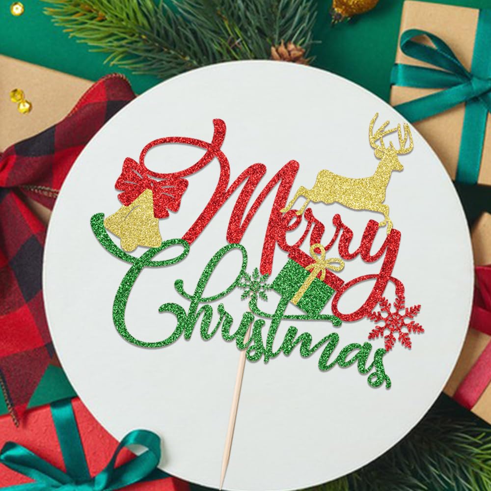 Festive Christmas Cake Topper - Red & Green Glitter Cake Decorations for Holiday, New Year & Birthday Parties | Perfect for Christmas Desserts, Cupcakes & Celebration Cakes