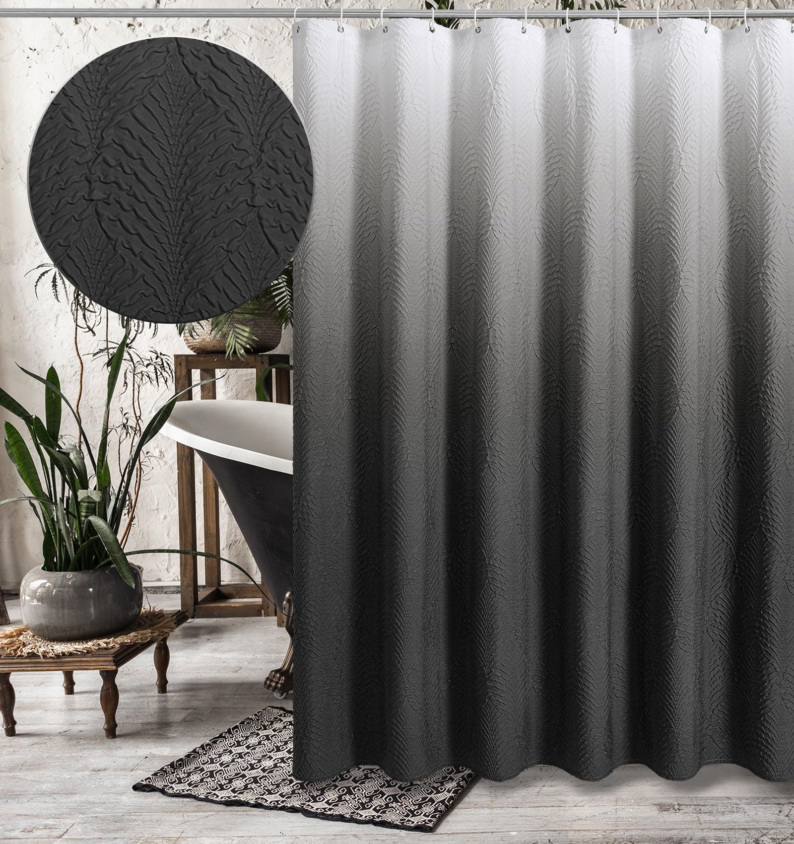 Gibelle Ombre Black Shower Curtain - 3D Embossed Textured Fabric Bathroom Decor, Modern Farmhouse Chic Soft Cloth Shower Curtain Set with Hooks (72x72 Inches) - Perfect for Spa-Like Bathrooms & Vintage Home Decor