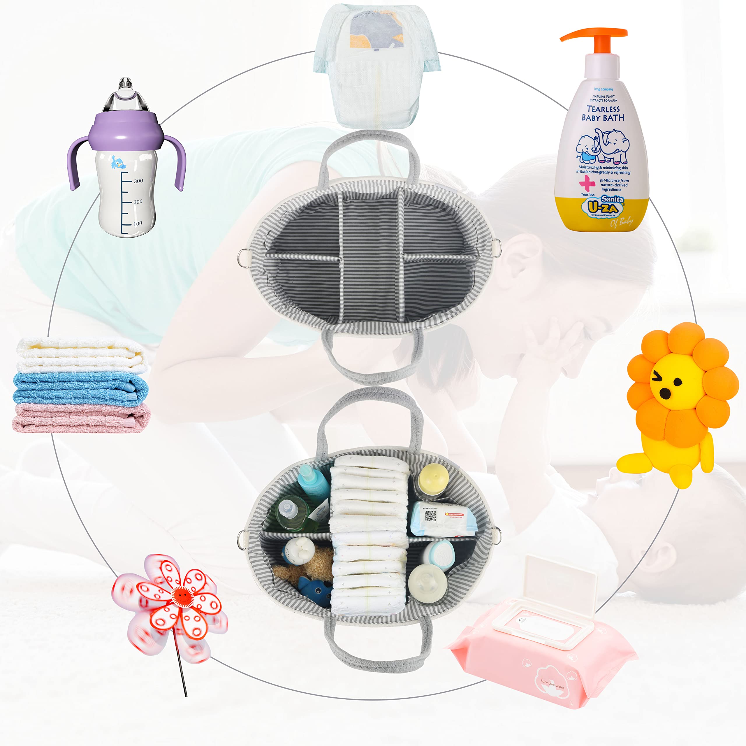 Extra Large Baby Diaper Caddy Organizer - Portable Rope Diaper Storage Basket for Nursery & Changing Table - Baby Essentials Organizer with Multiple Pockets - Perfect for Diapers, Wipes, Toys & Baby Care Items at Home or Travel