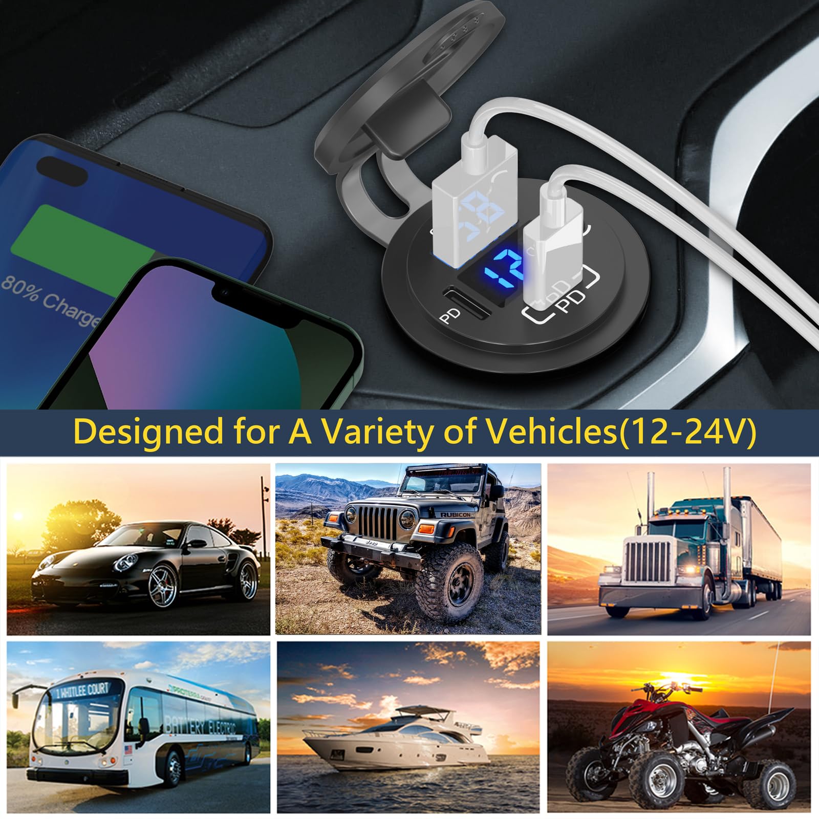 12V USB Outlet Dual PD 30W & QC3.0 18W Fast Car Charger with Voltmeter - Waterproof USB C Power Socket for Car, Boat, RV, Marine - Perfect for Road Trips, Camping & Charging Phones, Tablets