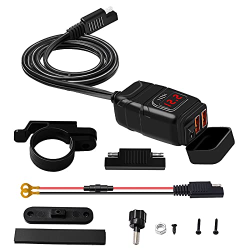 Vemote Waterproof Motorcycle USB Phone Charger - 6.8A Dual Port QC3.0 Fast Charging with Voltmeter, ON/Off Switch & Fuse - SAE USB Adapter for Phone, Tablet, Camera, GPS - Fits 7/8inch Handlebar (Red) - Perfect for Long Rides, Road Trips & Adventure Motorcycling
