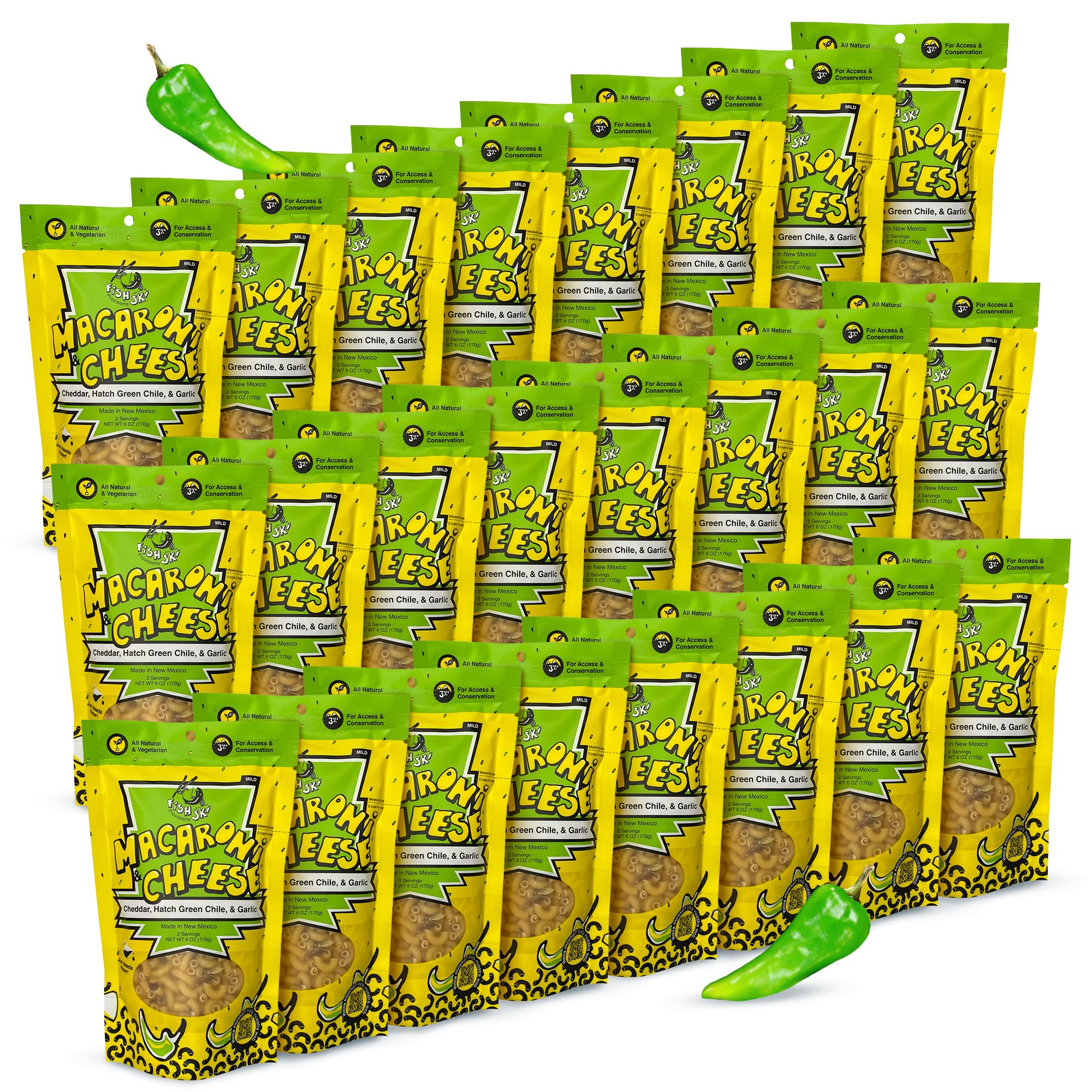 FishSki Provisions Macaroni and Cheese with Hatch Green Chile, Cheddar Cheese & Garlic - 6 oz Bags (24 Pack) | Quick & Easy Meal for Camping, Office Lunches & Family Dinners