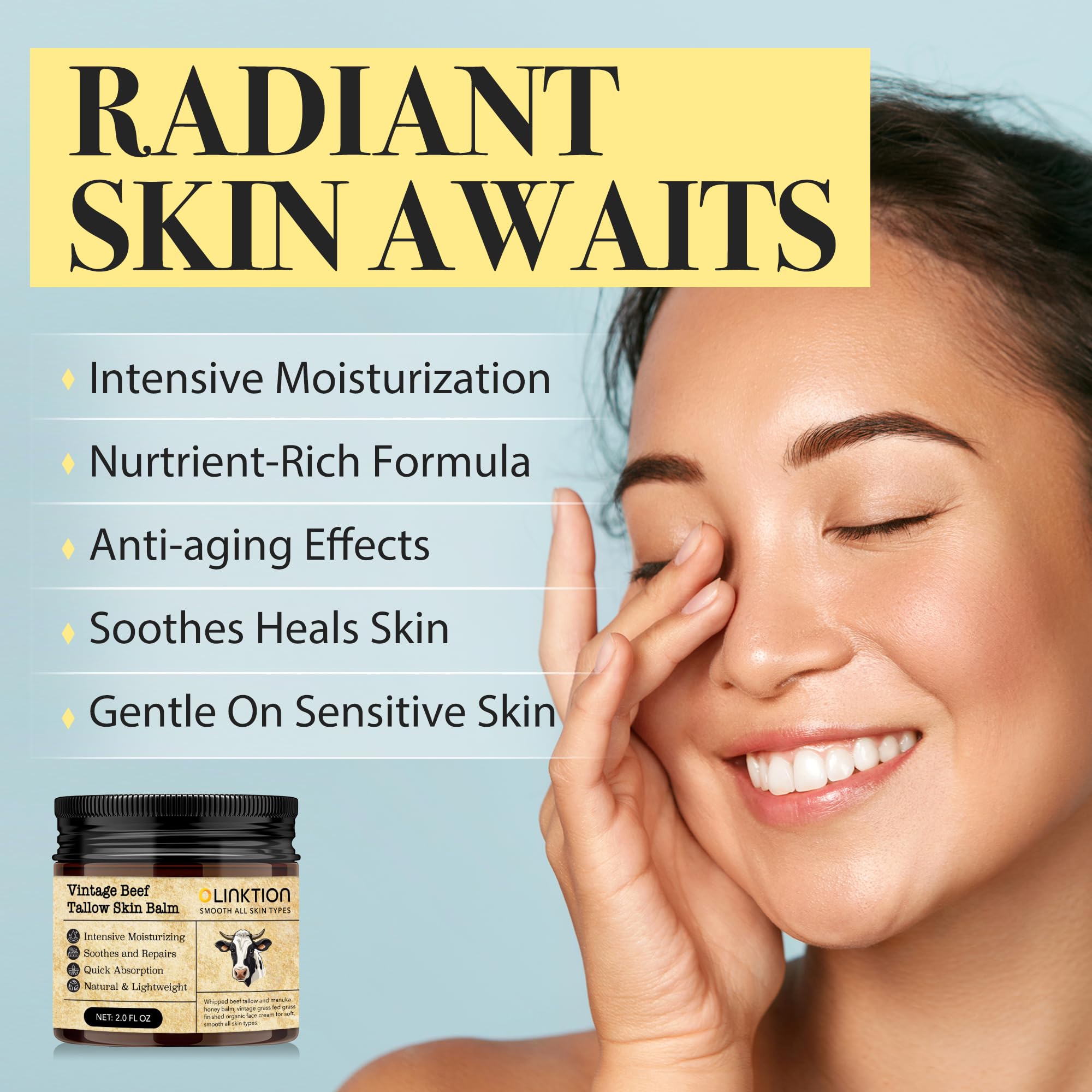 100% Grass-Fed Beef Tallow & Manuka Honey Balm for Face & Body - Organic Moisturizer with Olive Oil for Sensitive Dry Skin Repair - 2 oz - Perfect for Winter Care & Eczema Relief