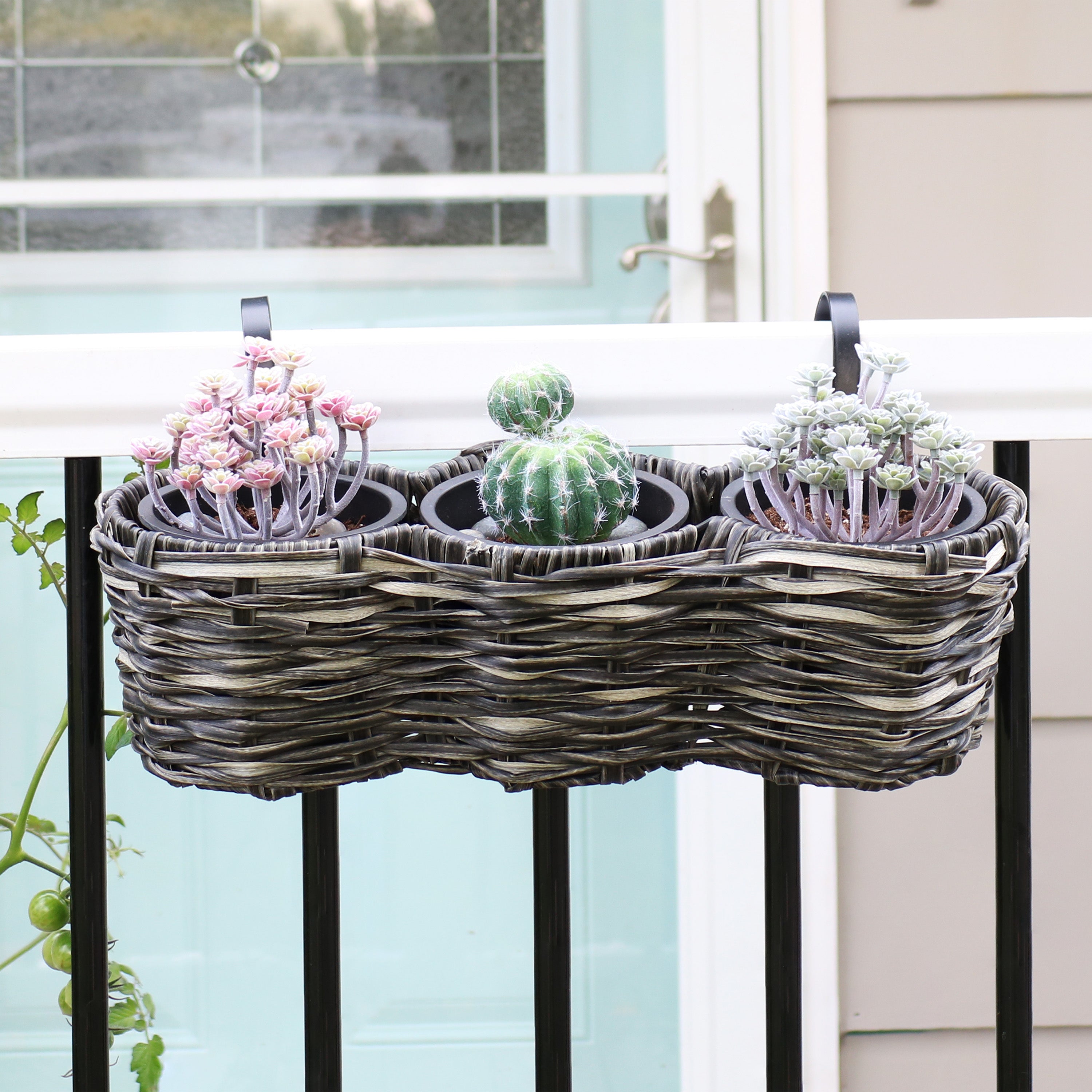 Sunnydaze Round Polyrattan 3-Section Over the Rail Planter Box - Hanging Flower Pot for Balcony, Deck, Porch & Garden Decor