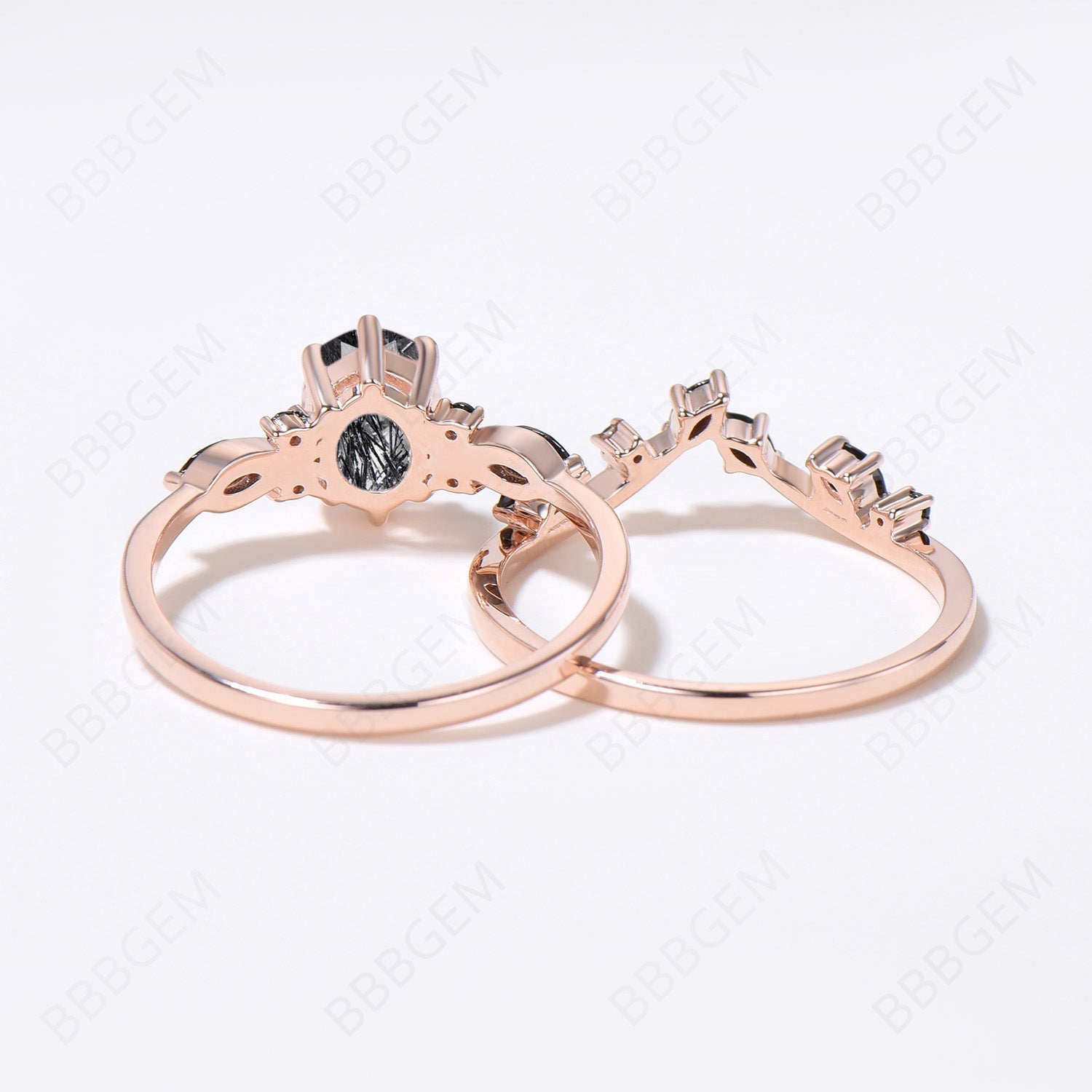 Rose Gold Oval Black Rutilated Quartz Engagement Ring Set - Elegant Wedding Band for Women, Unique Gemstone Jewelry Gift for Her - Perfect for Proposals, Anniversaries & Special Occasions