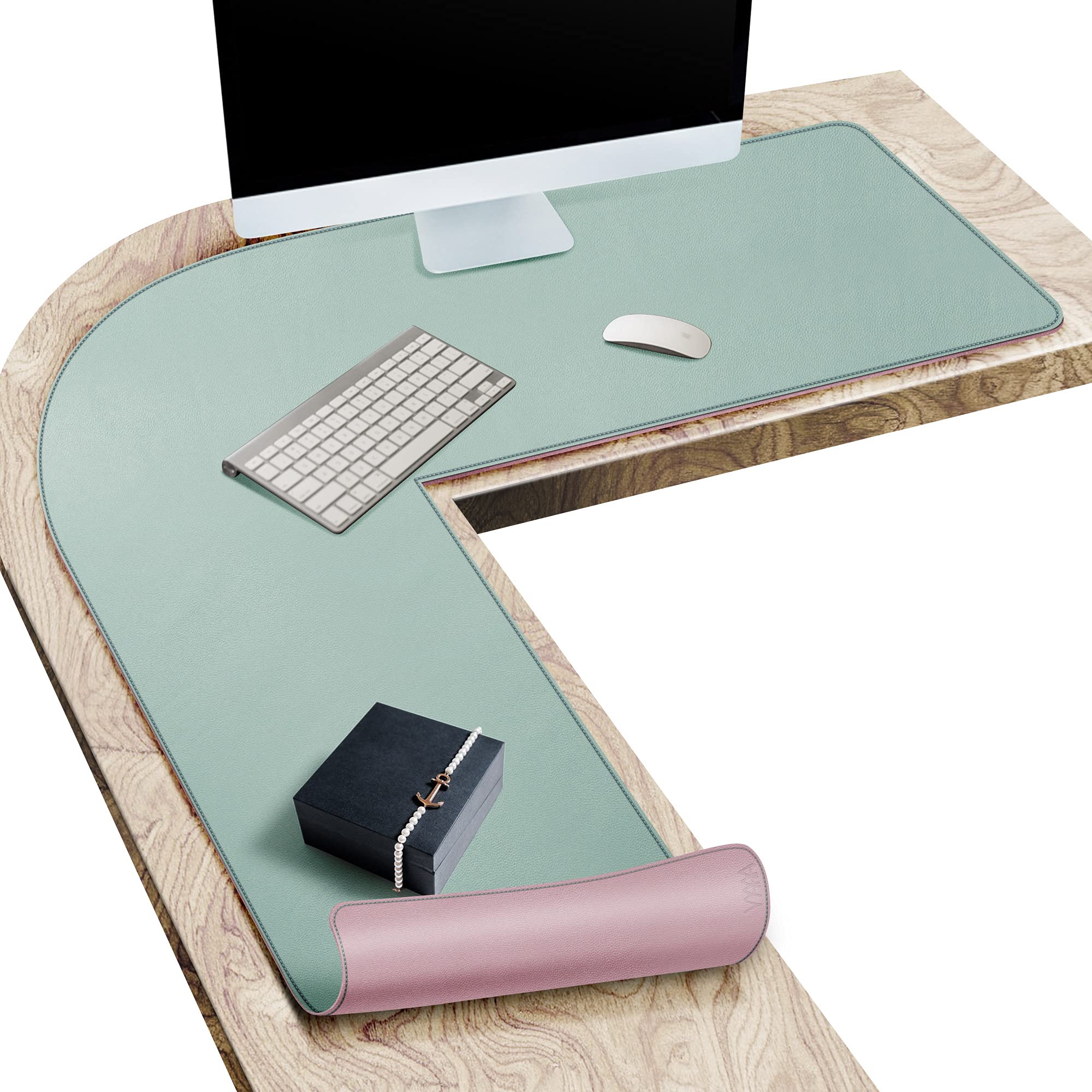 Vyaaa L-Shaped Leather Desk Pad Protector - Large Corner Desk Mat for Computer & Laptop, Double Sided Office Desk Blotter (51