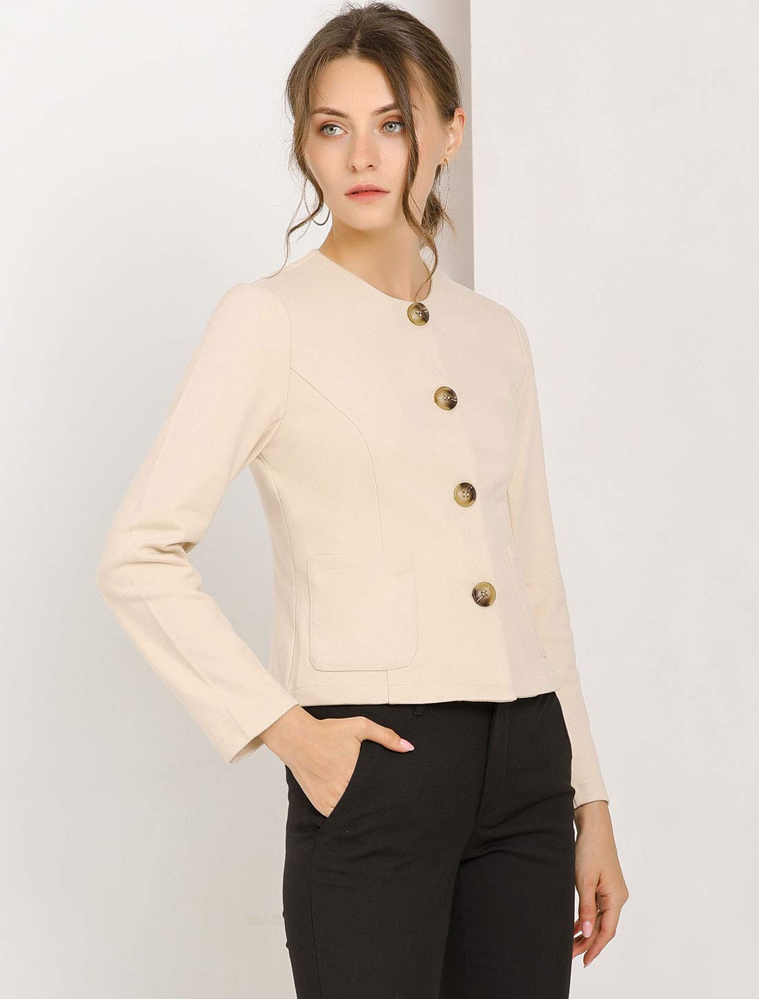 Allegra K Women's Cropped Blazer Jacket - Elegant Long Sleeve Button Down Office Blazer for Spring | Casual Work Wear & Business Attire | Perfect for Office, Meetings, and Professional Events