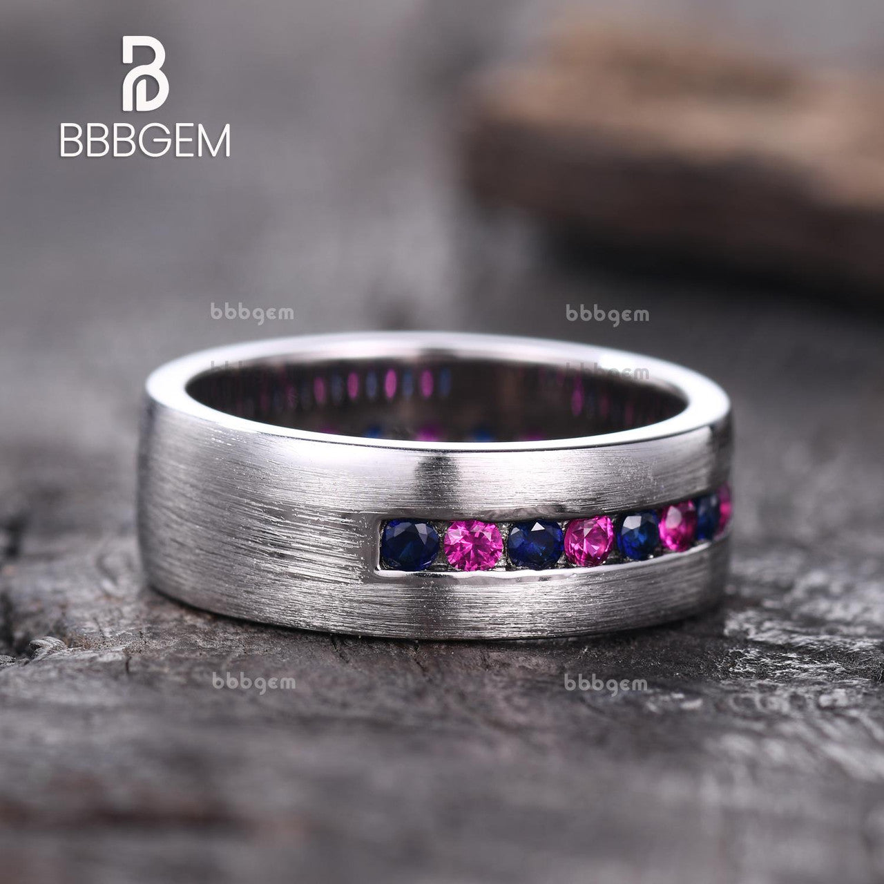 7mm Matte Blue Sapphire & Lab Ruby 3/4 Eternity Band Ring for Men - Sterling Silver Satin Finish - Wedding Band, Anniversary Gift, Promise Ring, Everyday Jewelry
