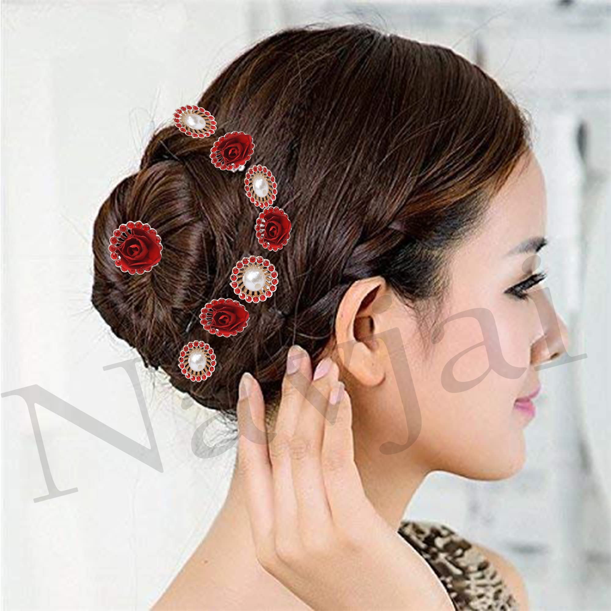 Handmade Red Rose Floral Hairpin - Elegant Bridal Hair Accessory with Imitation Crystal Rhinestones & Pearls, U-Shaped Hair Fork for Weddings, Parties & Special Occasions (Pack of 12)