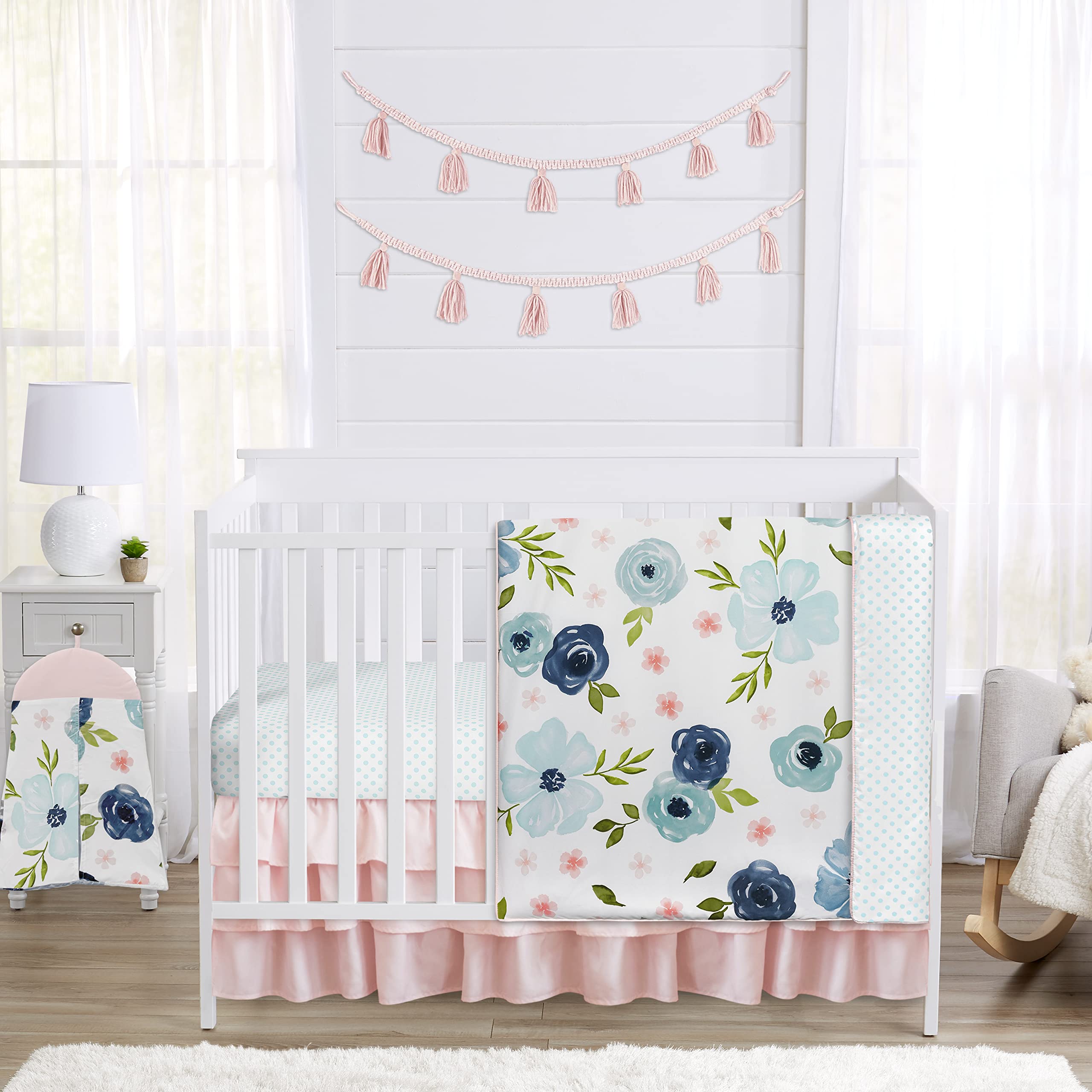 Sweet Jojo Designs 4-Piece Baby Crib Bedding Set - Pink & Blue Boho Floral Nursery Set for Girls & Infants | Includes Blanket, Fitted Sheet, Skirt & Diaper Stacker | Watercolor, Rose, Polka Dot, Shabby Chic & Navy Patterns | Perfect for Nursery Decor, Baby Shower Gifts & Newborn Essentials
