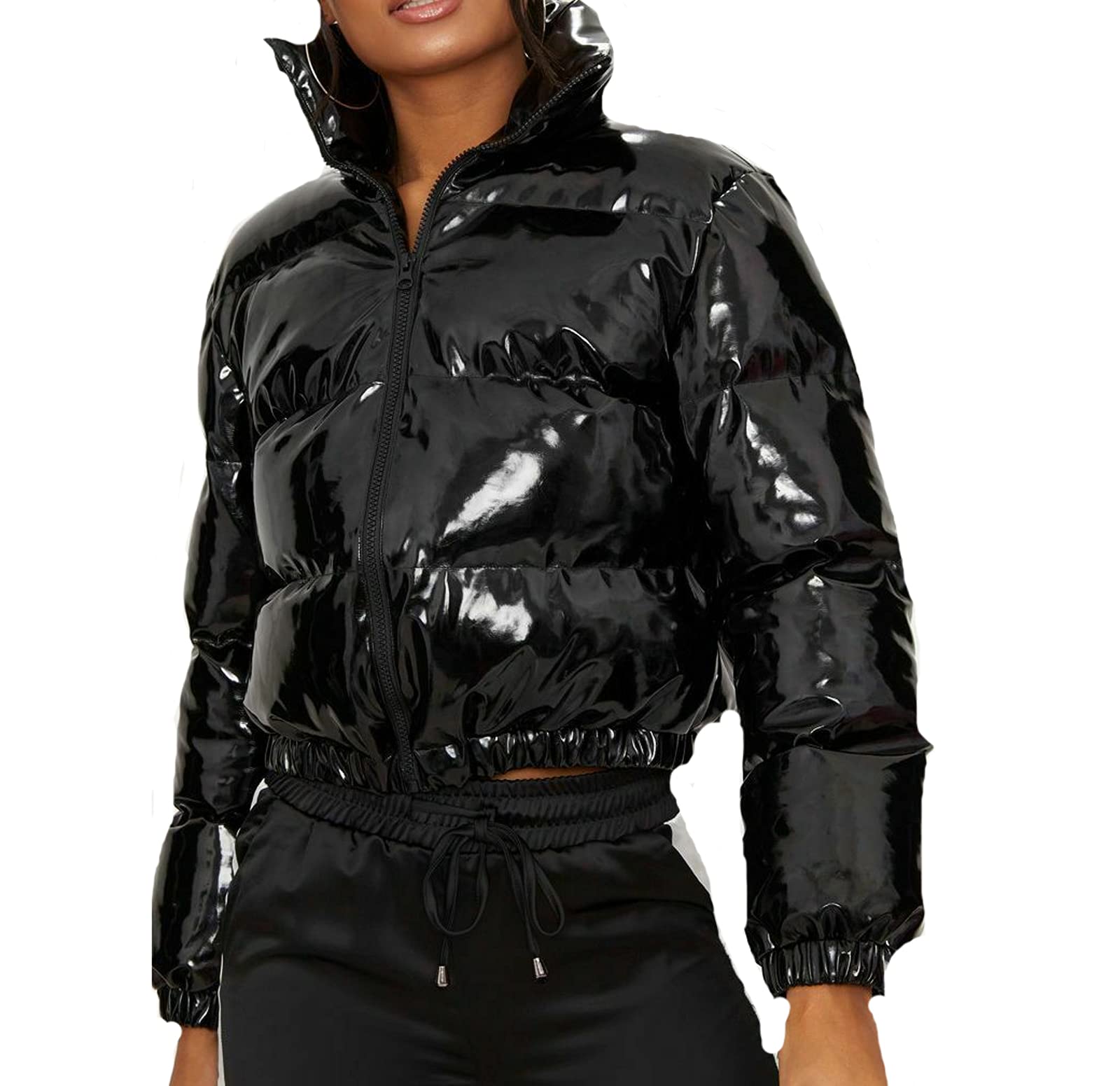 FOMOYUU Women's Winter Short Puffer Jacket - Waterproof PU Coated Cotton Bubble Coat with Shiny Finish, Warm Padded Quilted Design for Outdoor Activities, Travel & Casual Wear