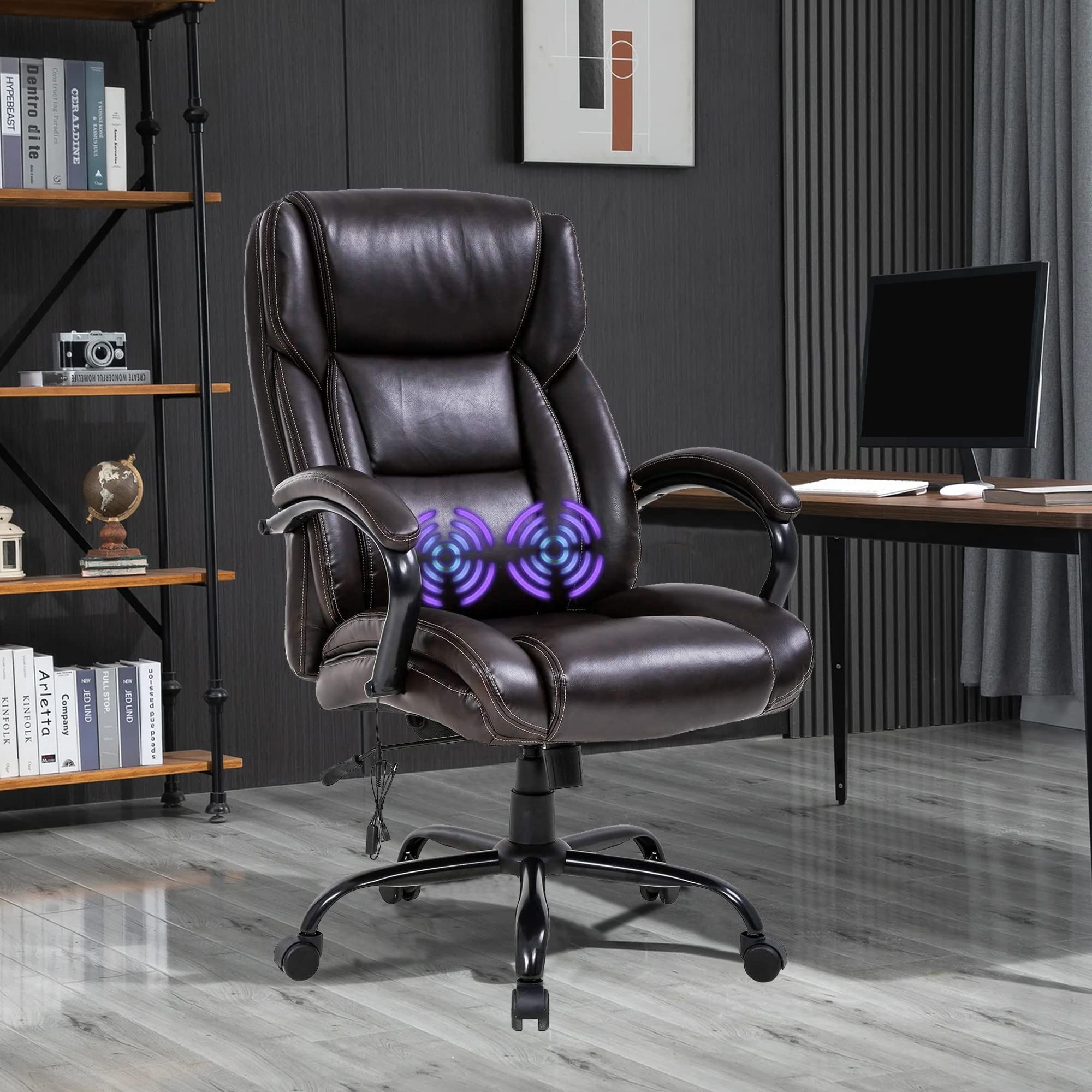 Ergonomic Big and Tall Office Chair 500lbs Weight Capacity - Wide Seat High Back Executive Desk Chair with Adjustable Lumbar Support, Armrests & Massage Function - Rolling Swivel Computer Task Chair for Home Office (Brown) - Perfect for Long Work Hours, Gaming & Remote Work Setup