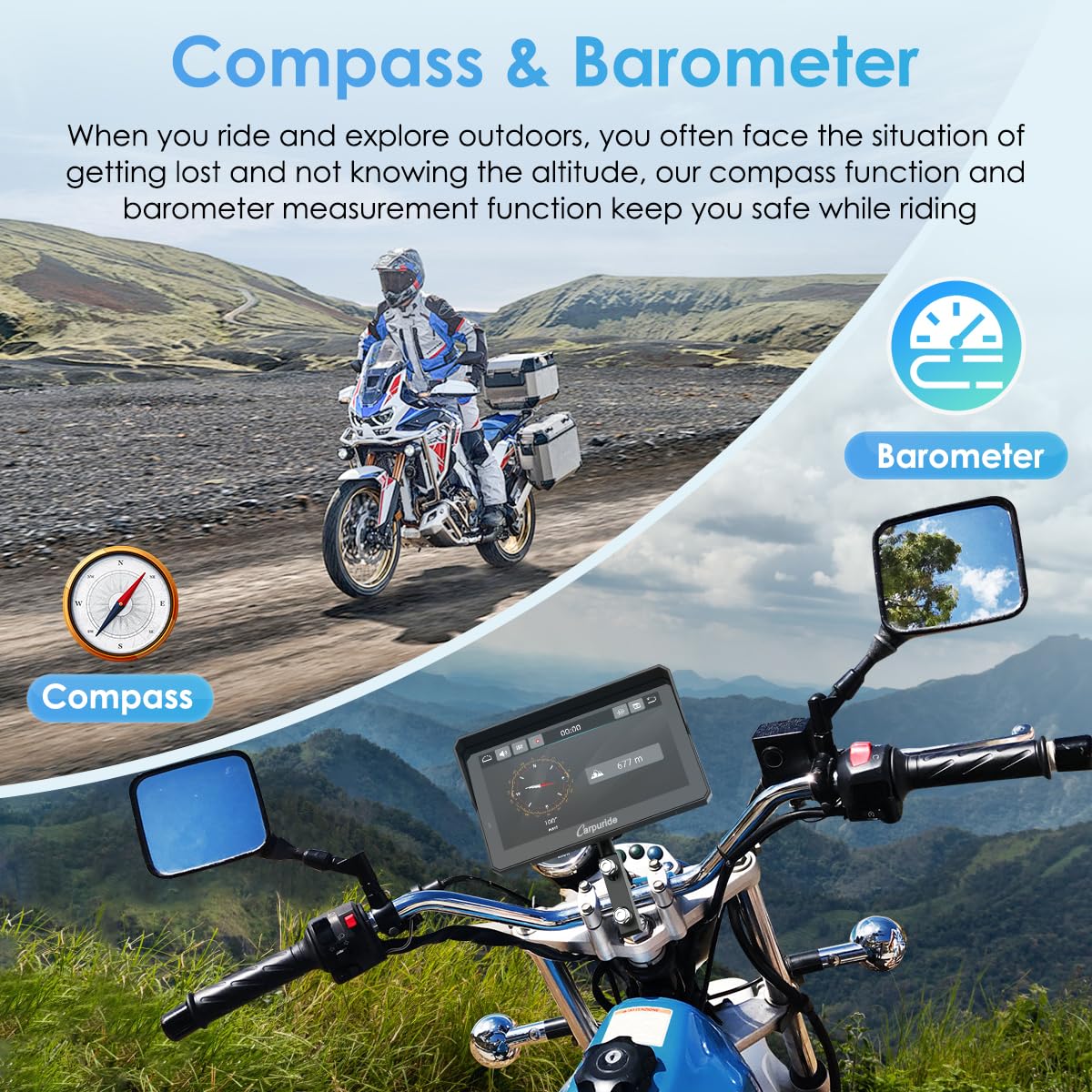 Carpuride W702 Pro 7-Inch Waterproof Motorcycle Touchscreen with Wireless CarPlay & Android Auto, Intercom Function, Enhanced Dual Bluetooth, Navigation, Compass - Perfect for Motorcycle Rides, Road Trips & Outdoor Adventures