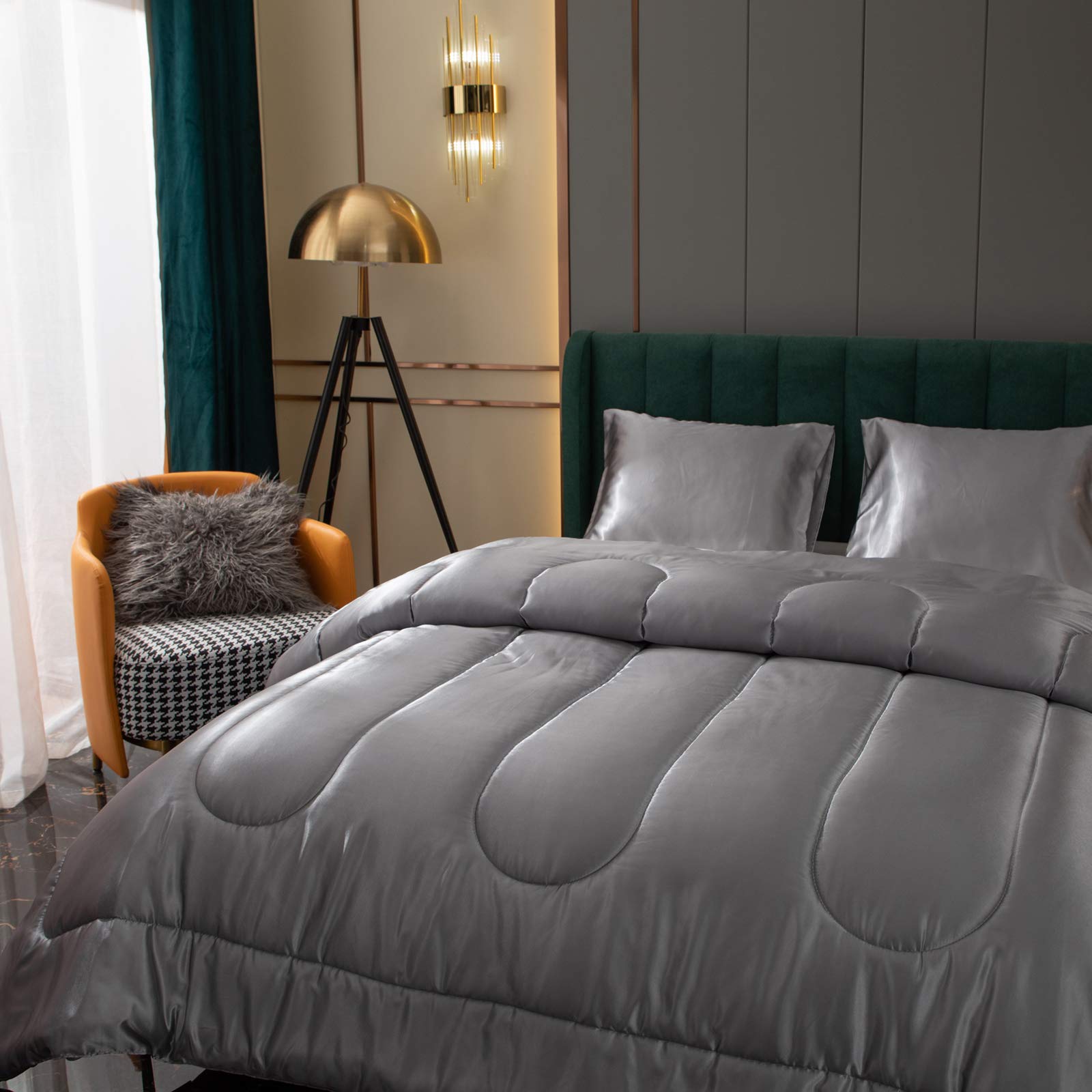 Luxury Satin Comforter Set Queen Size - Soft Grey Silky Bedding with 2 Pillowcases for Ultimate Comfort | Perfect for Master Bedroom, Guest Room & Cozy Nights