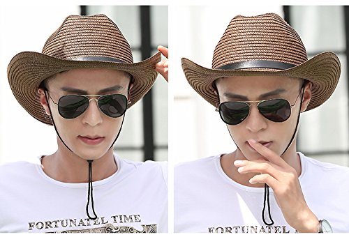 iHomey Packable Cowboy Sun Hat for Men & Women - Breathable Straw Summer Hat with Wide Brim, UV Protection & Chin Strap - Perfect for Beach, Outdoor, Travel & Gardening