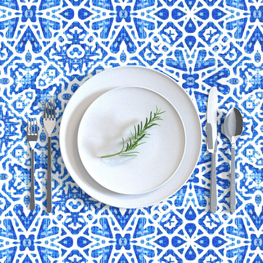 Scandinavian Lace Cobalt Blue Floral Geometric White Watercolor Indigo Print Cotton Sateen Tablecloth 90