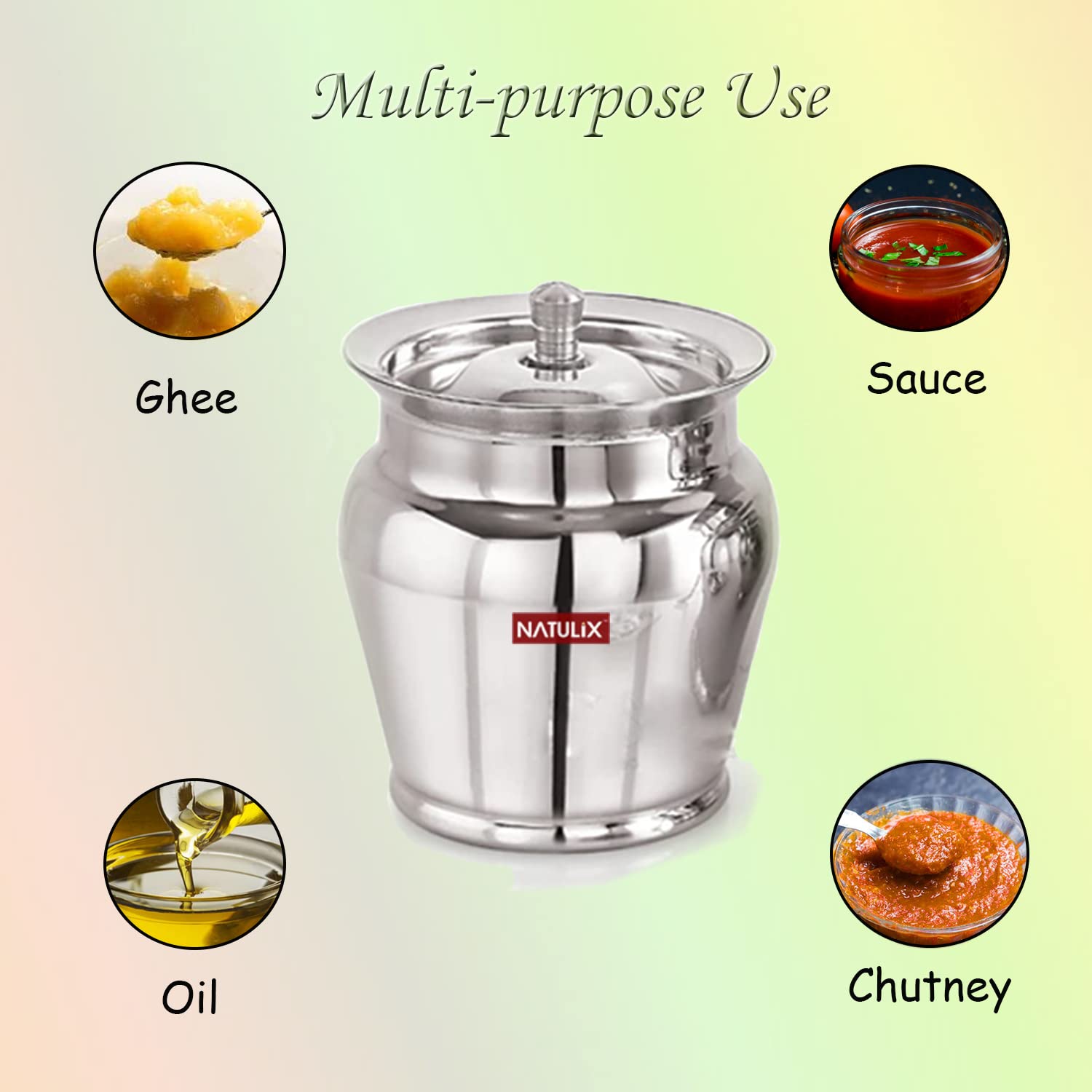 Premium NATULIX Stainless Steel Ghee Pot with Spoon & Lid - 400ml (Pack of 2) - Silver - Ideal for Cooking, Storage & Serving Organic Ghee, Butter & Oils