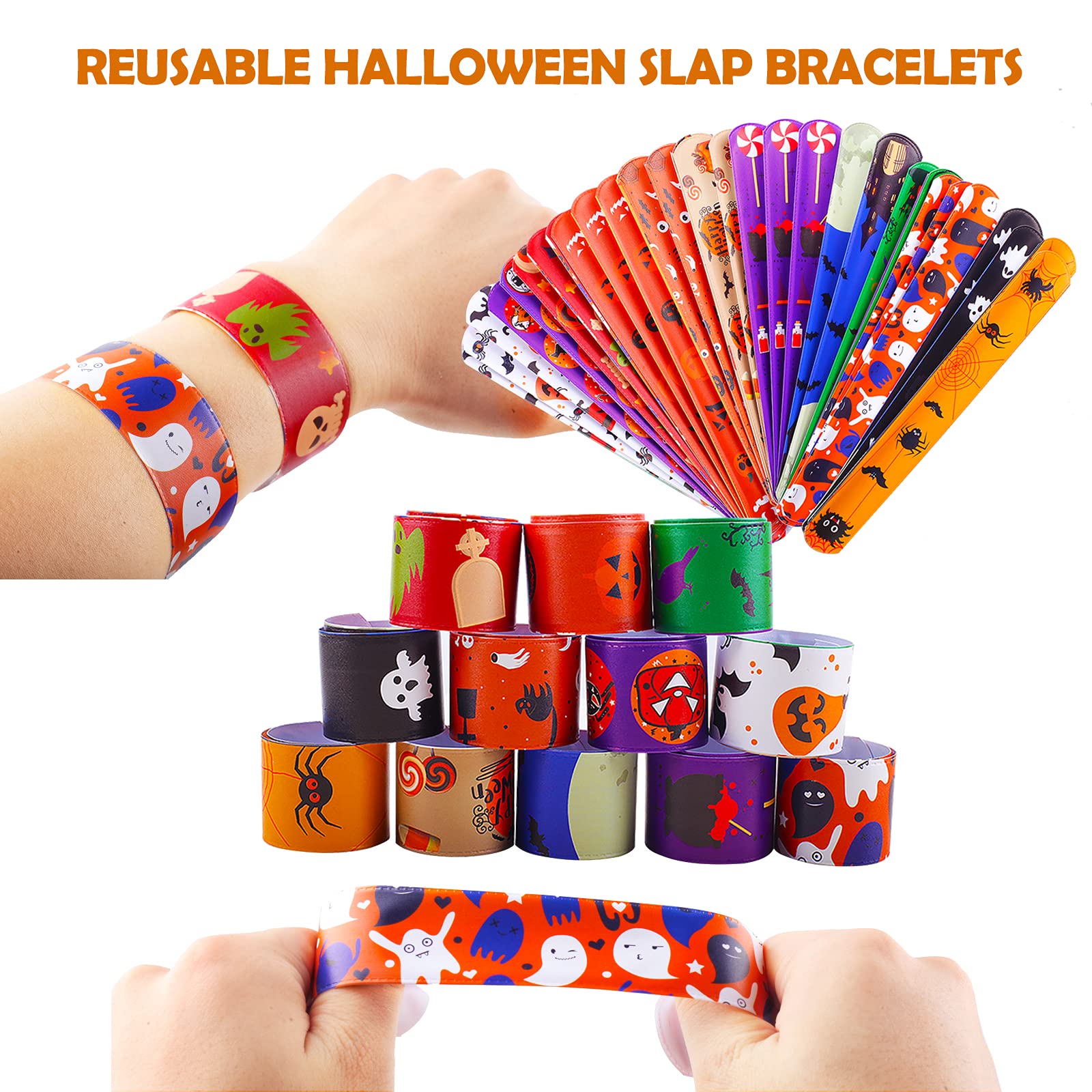 36 Pcs Halloween Slap Bracelets for Kids - Bulk Party Favors, 12 Unique Designs - Perfect for Trick or Treat Bags, Classroom Rewards & Costume Accessories
