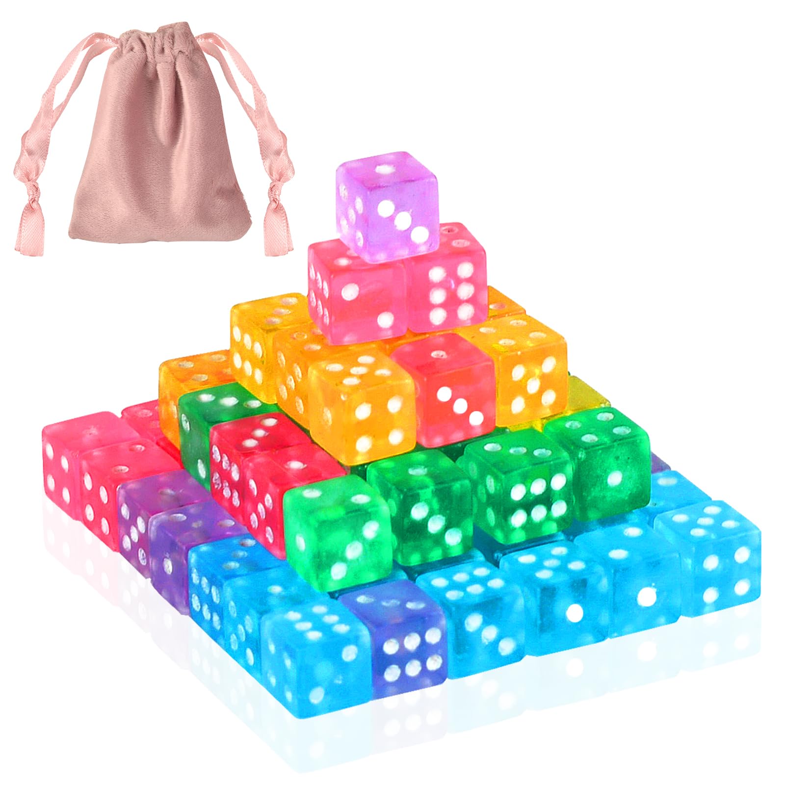 200 Pack Small Dice Set - 5mm Six-Sided Mini Dice in Assorted Transparent Colors with Velvet Bag for Casino Games, Board Games, Math Learning & Party Activities