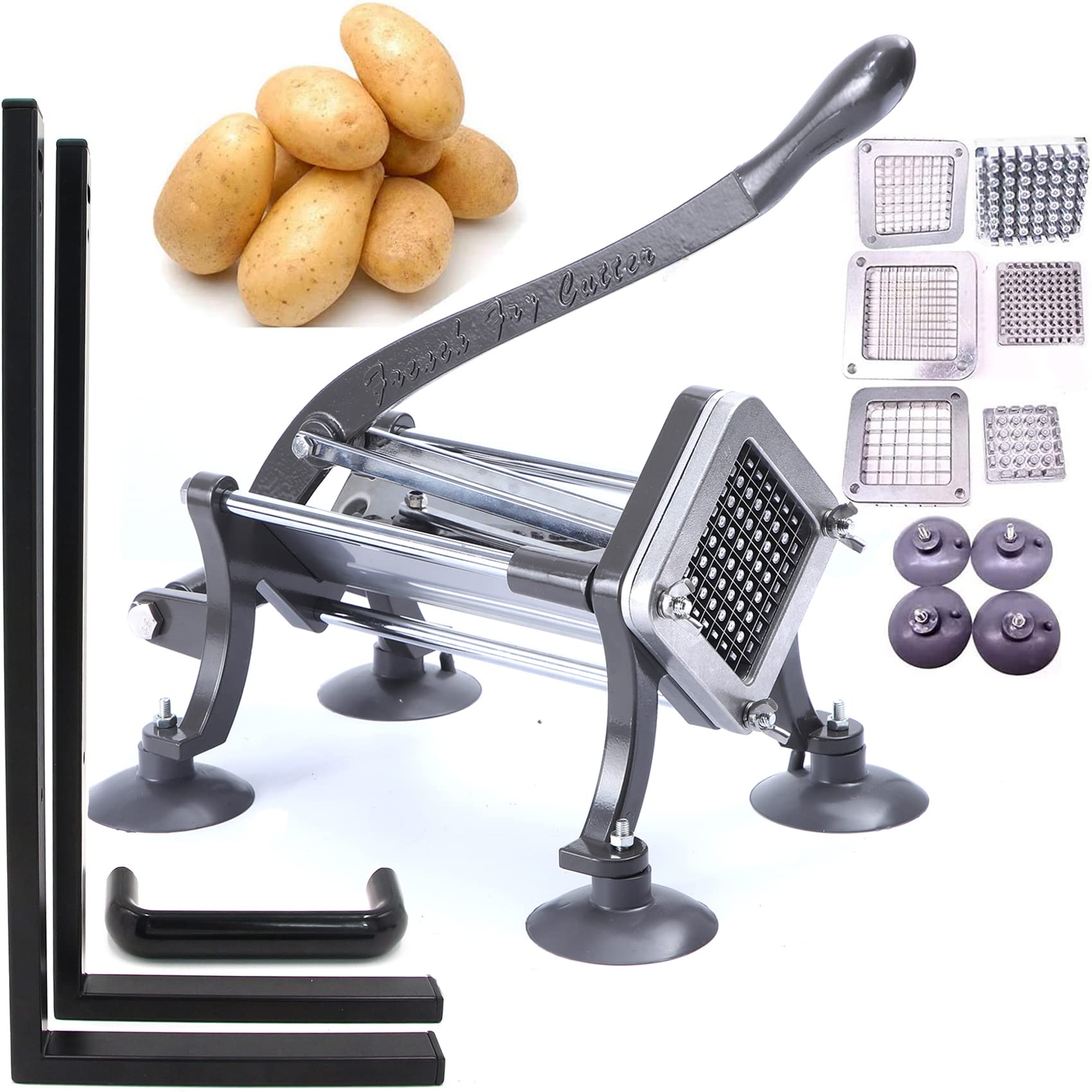 Commercial Grade French Fry Cutter with Stand & Suction Feet - 3 Blade Sizes (1/4