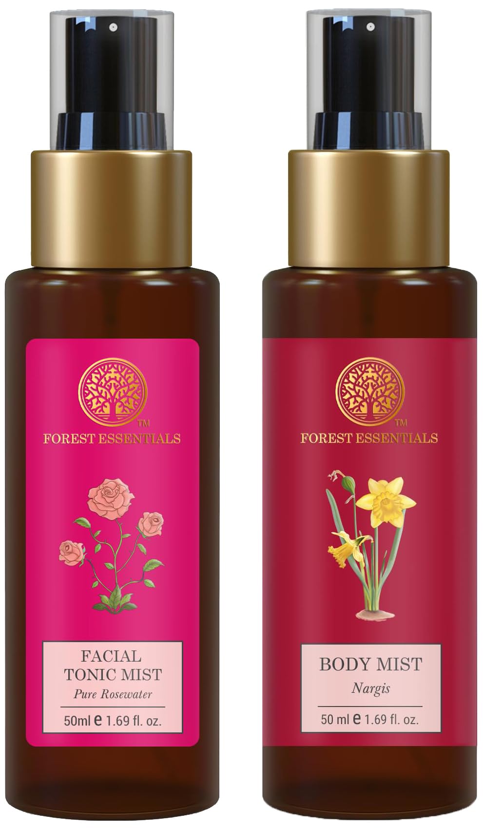 Forest Essentials Travel Size Nargis Body Mist & Pure Rosewater Facial Tonic Mist Combo Set - Perfect for On-the-Go Hydration, Travel Skincare, and Daily Refreshment