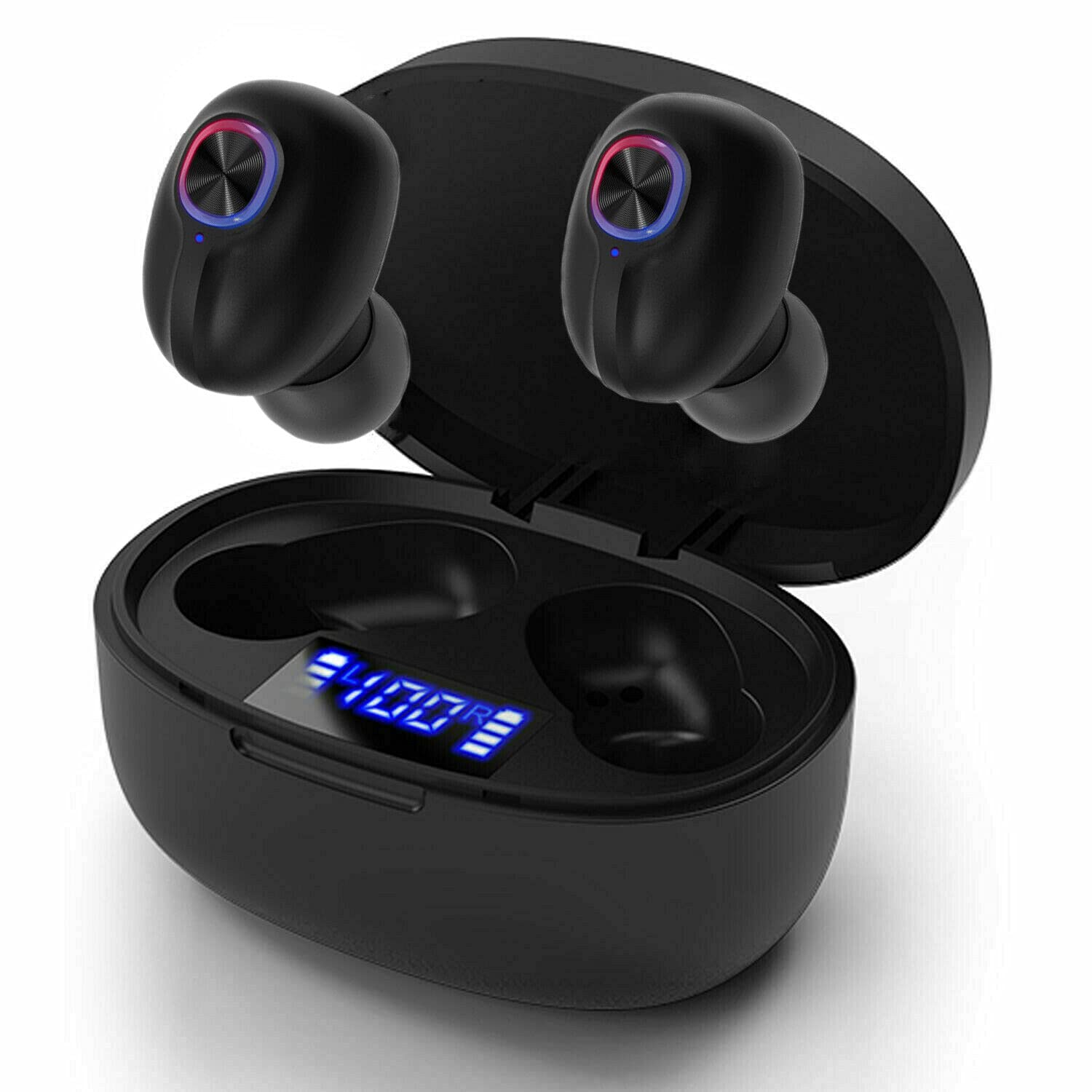 Premium Wireless Earbuds Bluetooth 5.0 Headphones with Hi-Fi Sound, LED Display Charging Case, IPX8 Waterproof & Built-in Mic - Ideal for Running, Gym Workouts & Outdoor Sports (Black, T15)