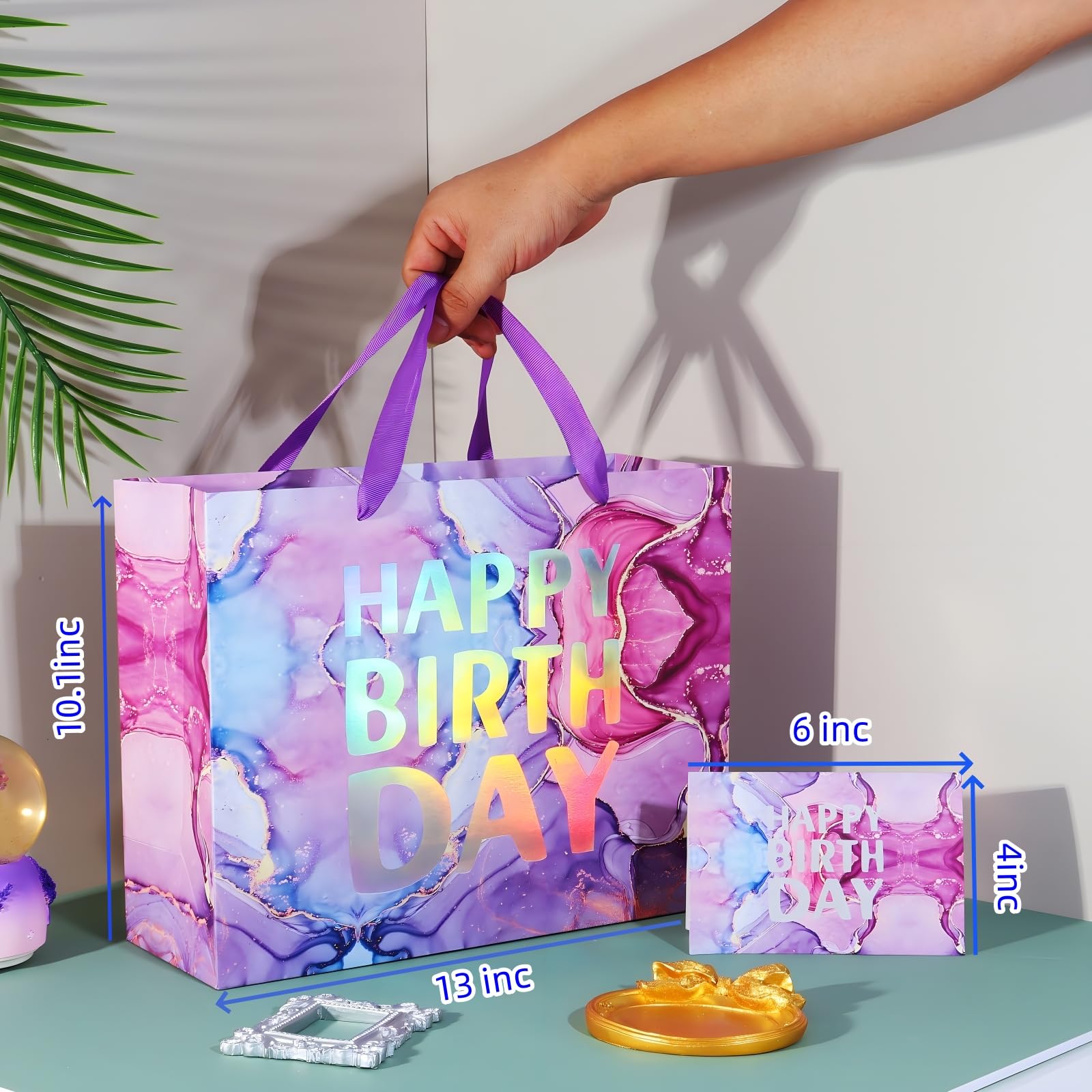 PARNOG 13 Inch Large Happy Birthday Gift Bags with Tissue Paper & Greeting Card - Perfect for Girls, Kids & Women Birthday Parties, Baby Showers & Special Occasions