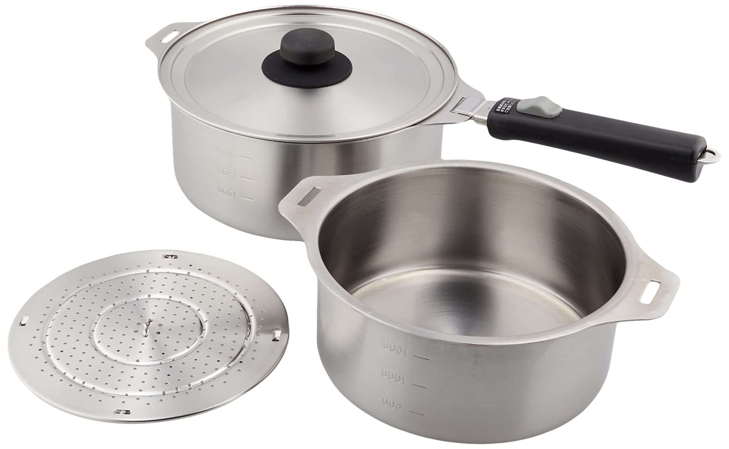 Tsubamesanjo EM-030 Stainless Steel Removable Handle Pot Set with Steamer Stand - 7.1 & 7.9 Inch (18 & 20 cm) - Induction Compatible Cookware for Steaming, Boiling & Serving - Perfect for Home Kitchen & Professional Use
