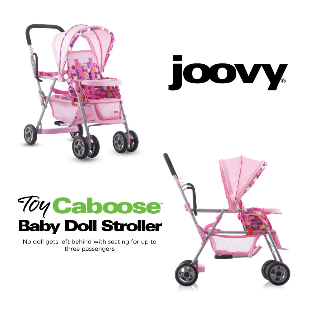 Joovy Toy Caboose Baby Doll Stroller with Reclining Seat, Adjustable Footrest & Storage - 3 Doll Capacity | Pink Dot Stroller for Kids Pretend Play, Role Play & Indoor/Outdoor Toddler Activities