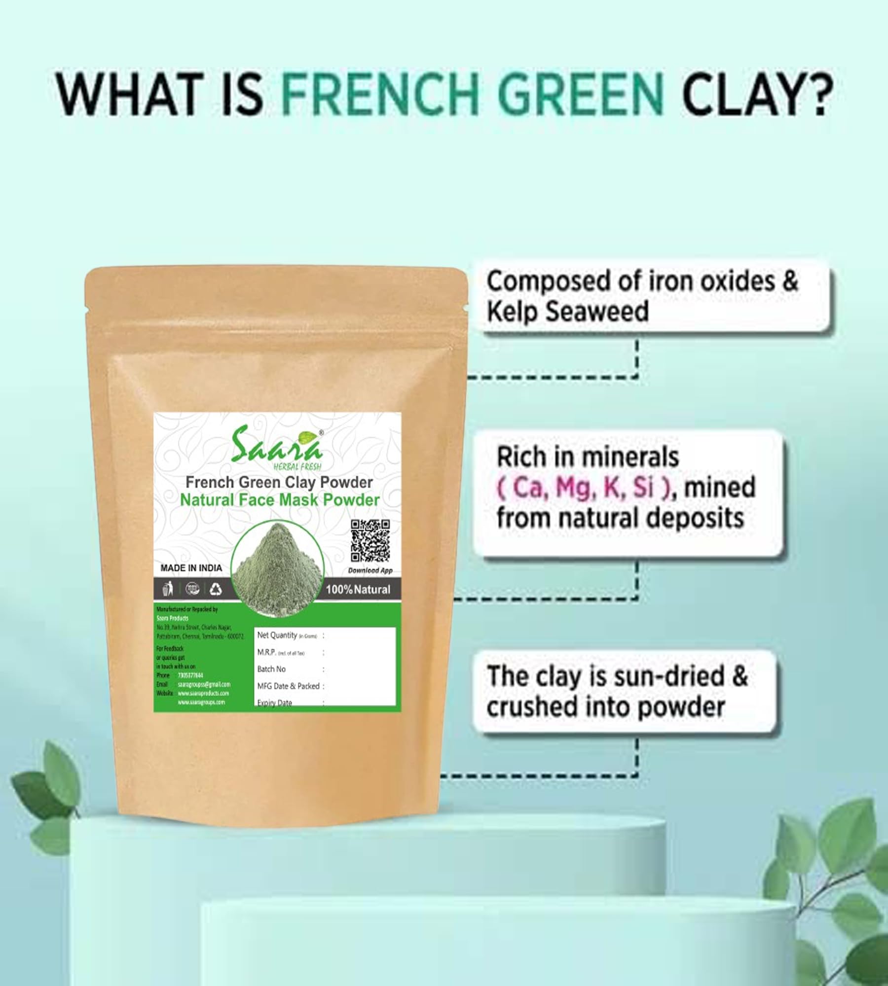 Saara HERBAL FRESH French Green Clay Powder 300g (3 x 100g) | Pure & Natural Face & Body Mask for All Skin Types | Detoxifying Skincare for Acne, Blackheads & Oily Skin | DIY Facial, Body Scrub & Spa Treatment at Home