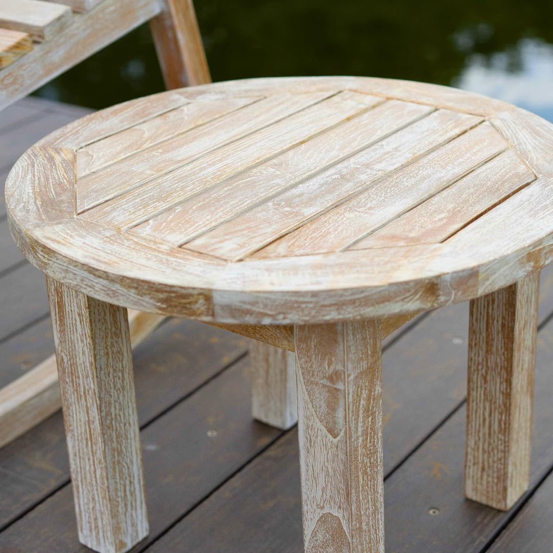 Alveare Home White Teak Round Outdoor End Table - Durable Patio Side Table for Garden, Poolside & Balcony Use