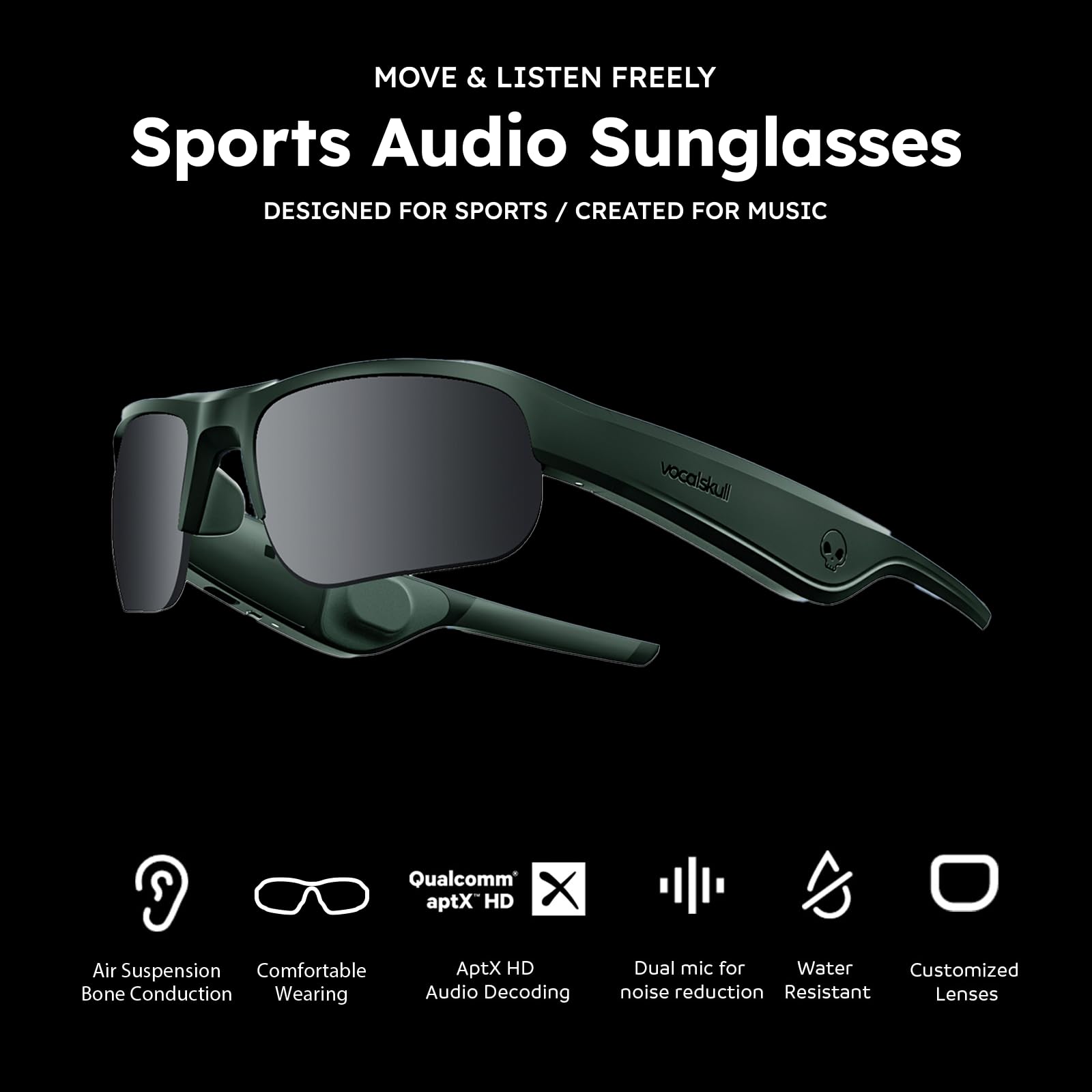 VOCALSKULL Smart Bone Conduction Audio Sunglasses - Polarized Sports Sunglasses with IPX5 Waterproof & Bluetooth 5.1 - Touch Control & Voice Assistant - Green - Perfect for Running, Cycling, Hiking & Outdoor Activities