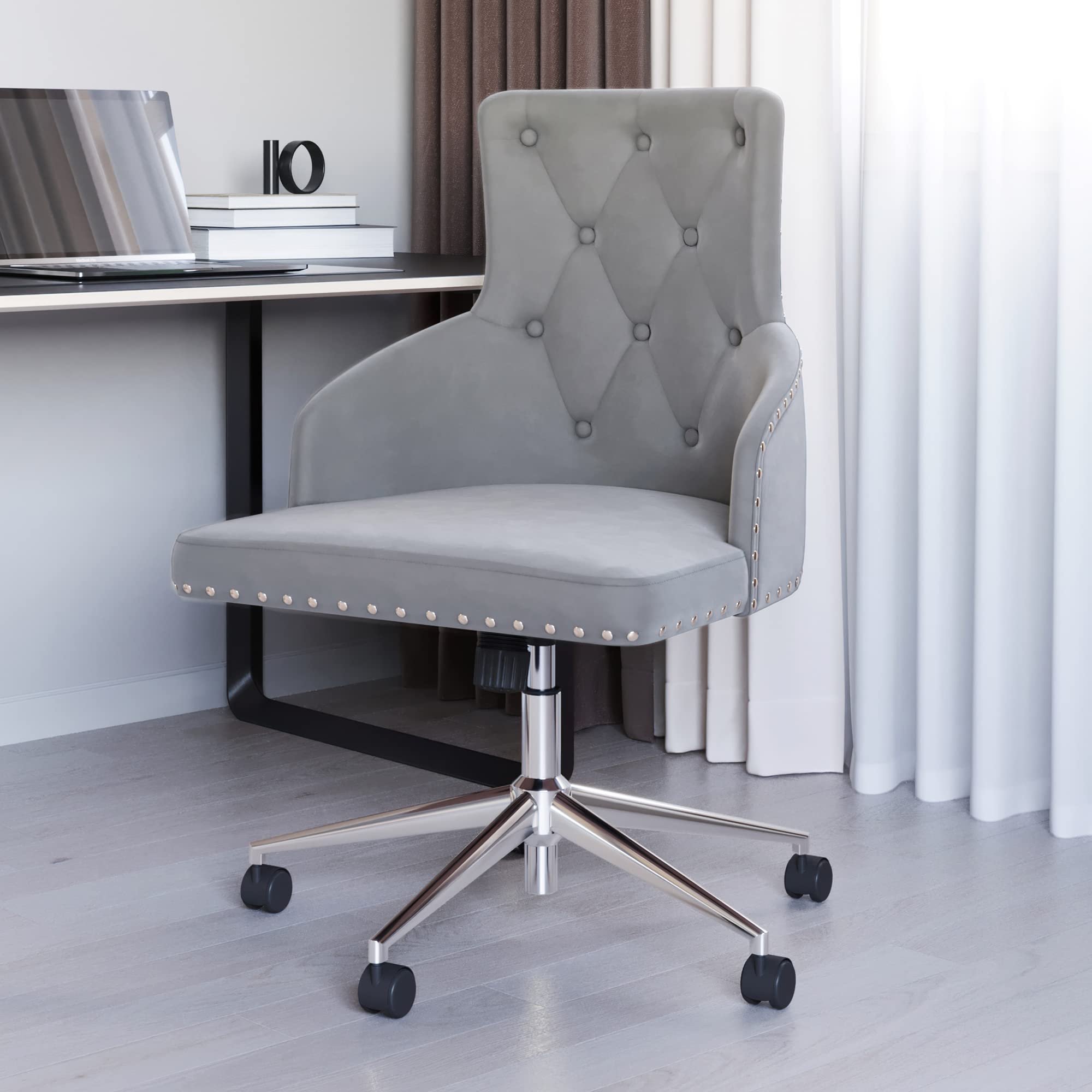BELLEZE Modern Velvet Desk Chair - Adjustable Height Swivel Office Chair with Wheels, Tufted Upholstered Seat & Slim Arms for Home Office, Bedroom Vanity or Study Room - Gray (Belden Collection) - Perfect for Working from Home, Online Classes & Makeup Vanity