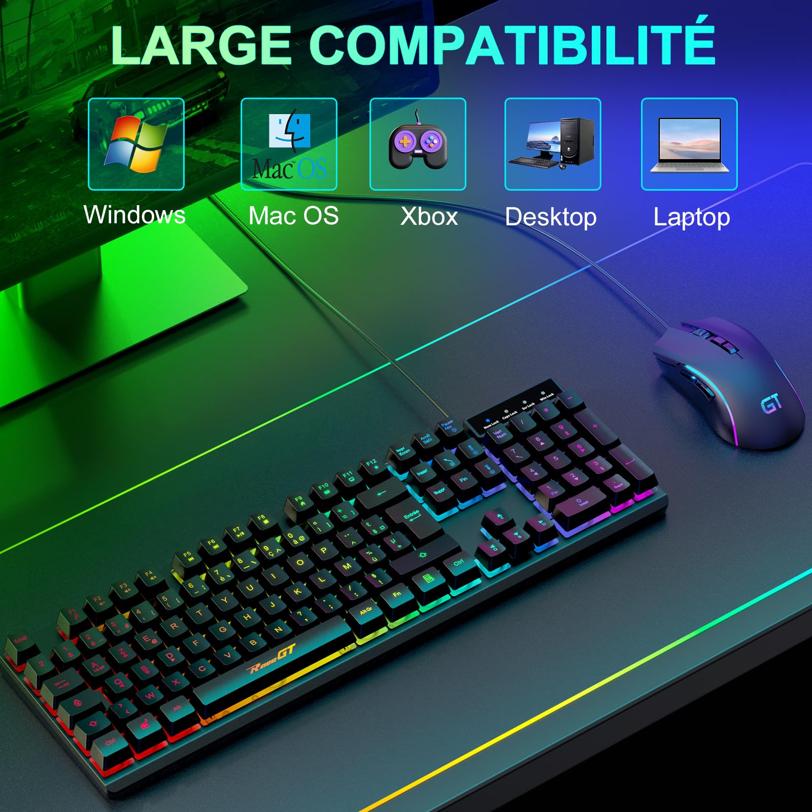 RaceGT Gaming Keyboard and Mouse Combo - Wired Ergonomic Backlit Keyboard with Silent Keys & Numeric Pad - Compatible with Windows, MacOS, Linux (AZERTY Layout, Black) - Perfect for Gaming, Office Work & Programming