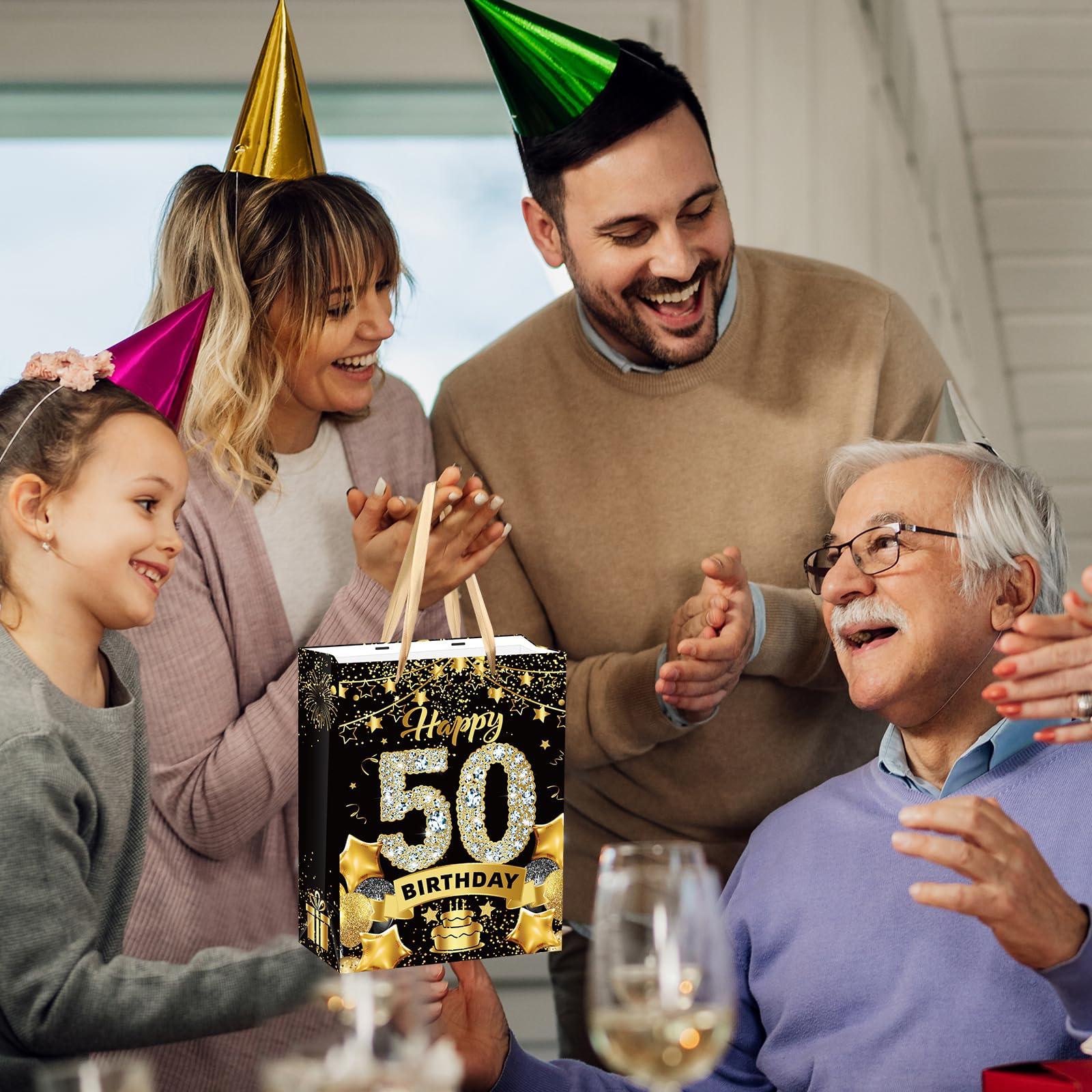 Premium Black & Gold 50th Birthday Gift Bags Set - Includes Tissue Paper & Greeting Card - Elegant Candy Wrapping Bags for Men & Women - Perfect for Christmas, Anniversary & Milestone Celebrations - Great for Party Favors, Candy Packaging & Special Occasion Gifts