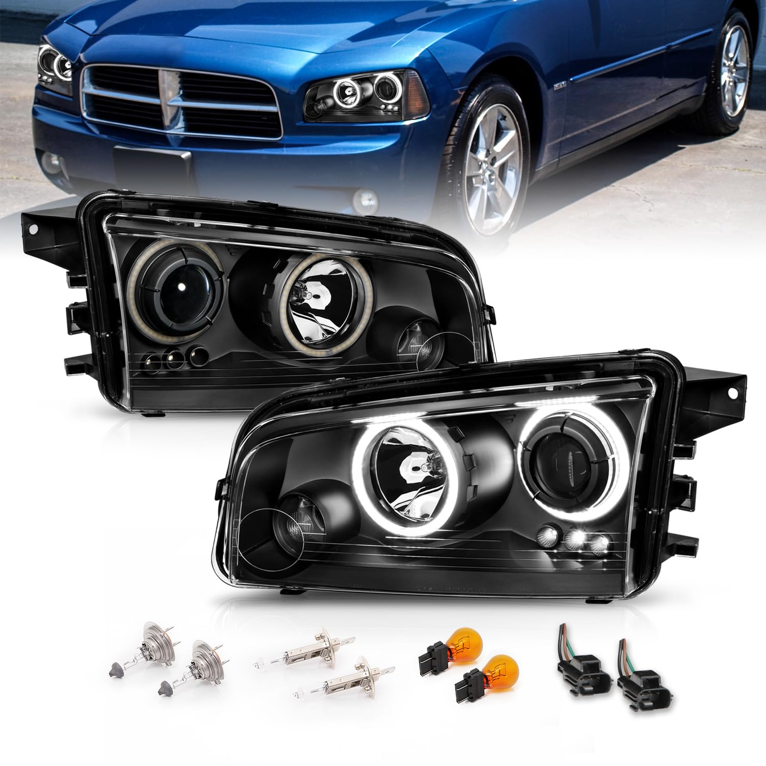 2006-2010 Dodge Charger LED Halo Projector Headlights - Black Dual Xtreme Replacement Set (Driver & Passenger Side) | High Visibility Night Driving & Custom Car Styling