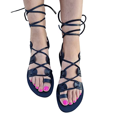 Handmade Black Leather Greek Gladiator Sandals with Lace-Up Design & Toe Ring – Perfect for Summer Fashion, Boho Outfits, and Beach Vacations