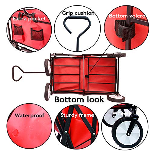 Heavy Duty Collapsible Wagon Cart with Wheels - 150lbs Capacity Foldable Utility Cart, Portable Steel Frame Beach Wagon for Sand, Camping, Picnics, Grocery Shopping & Outdoor Adventures (Red)