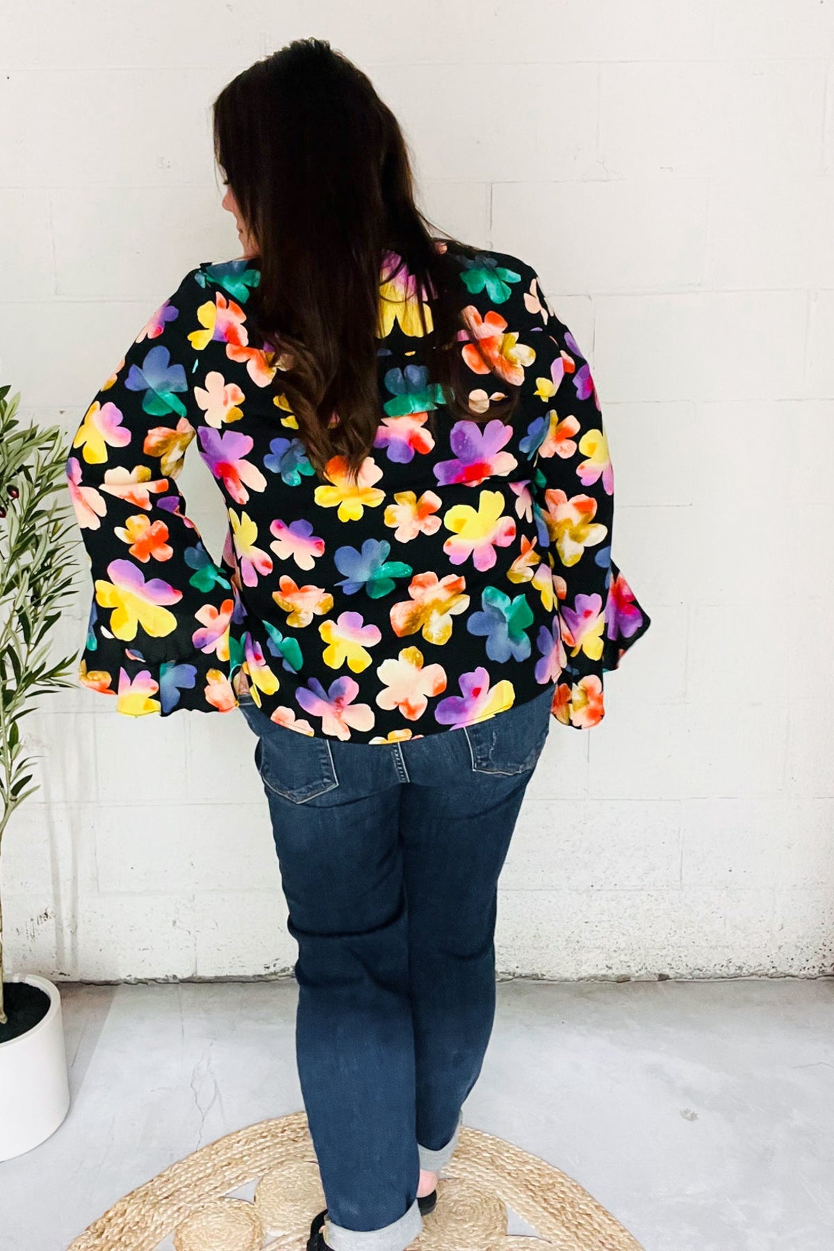 Be Bold Black Floral Hi-Lo Ruffle Sleeve Woven Blouse | Women's Fashion Tops for Party, Date Night & Special Occasions
