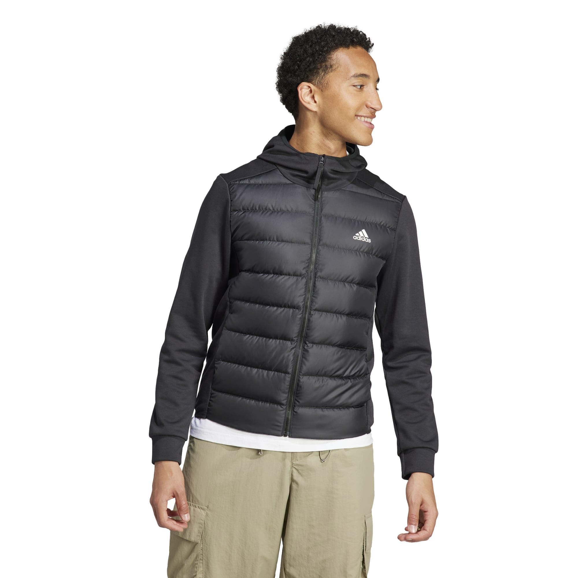 adidas Men's Essentials Hybrid Down Hooded Jacket - Lightweight Warm Winter Coat for Running, Hiking & Outdoor Activities