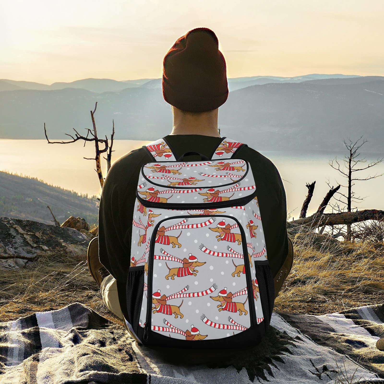 Romantic Christmas Cartoon Dogs Cooler Backpack - Waterproof Insulated Leak-Proof Soft Cooler Bag for Women & Men - Perfect for Camping, Beach, Fishing, Work & Picnics