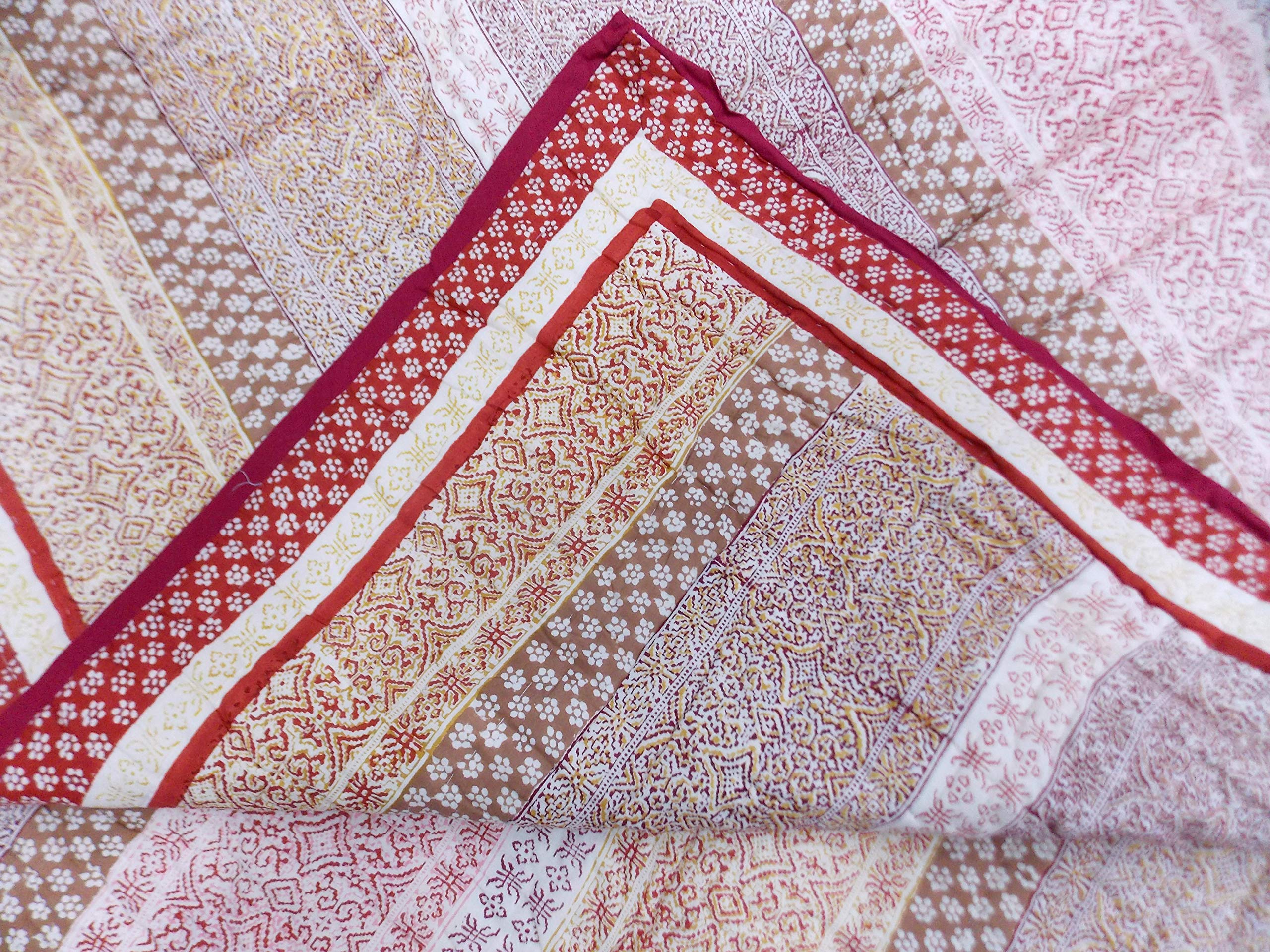 Handmade Indian Cotton Kantha Quilt - Reversible Jaipuri Rajai Blanket, Twin Size, Hand Block Printed, Traditional Design | Perfect for Bedspread, Sofa Cover, or Decorative Throw