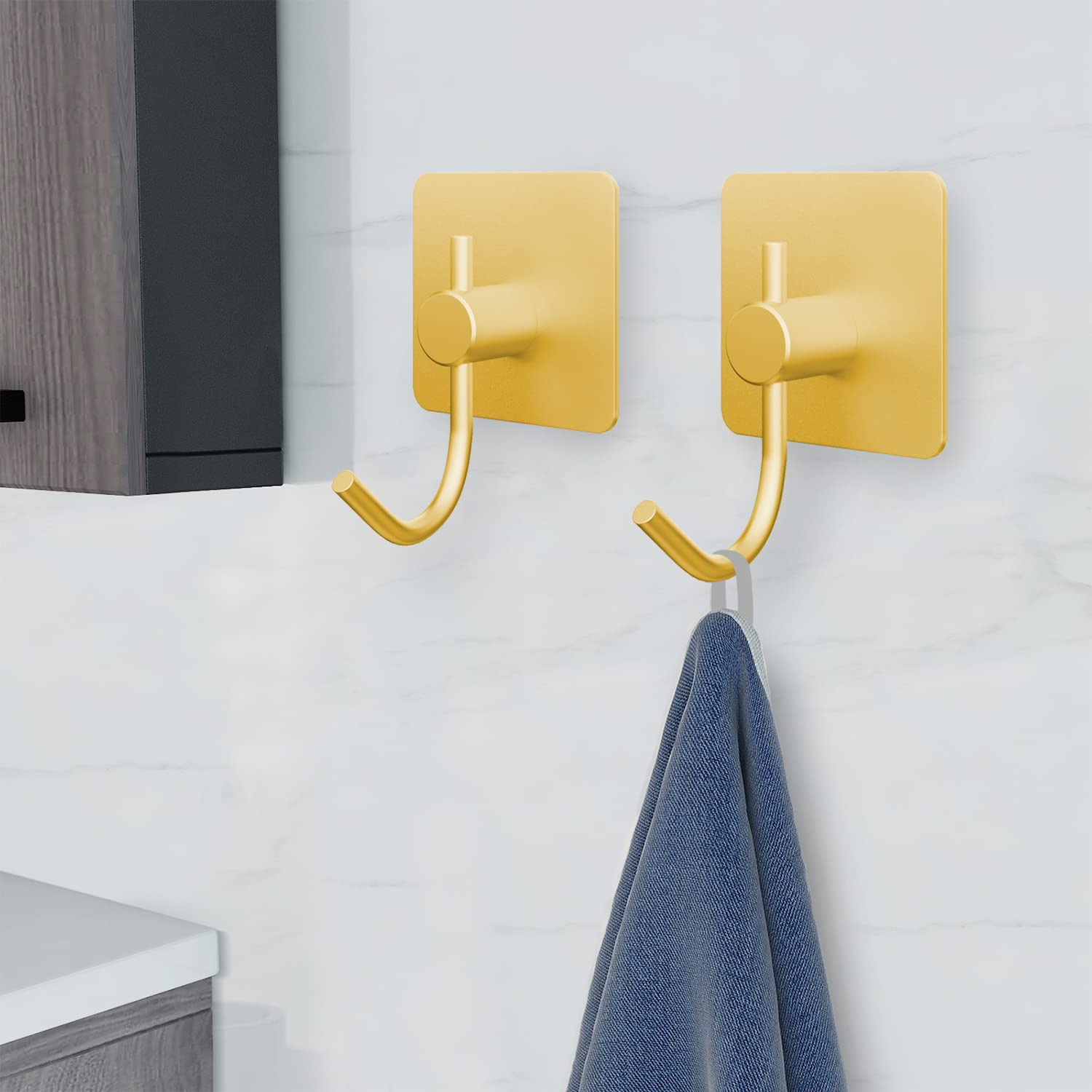 VAEHOLD 6 Pack Heavy Duty Adhesive Wall Hooks - Aluminum Sticky Hangers for Towels, Coats, Hats, Robes & Keys - Strong Wall Mount Hooks for Kitchen, Bathroom, Office & Closet Organization (Gold) - Perfect for Home Decor & Space Saving Storage